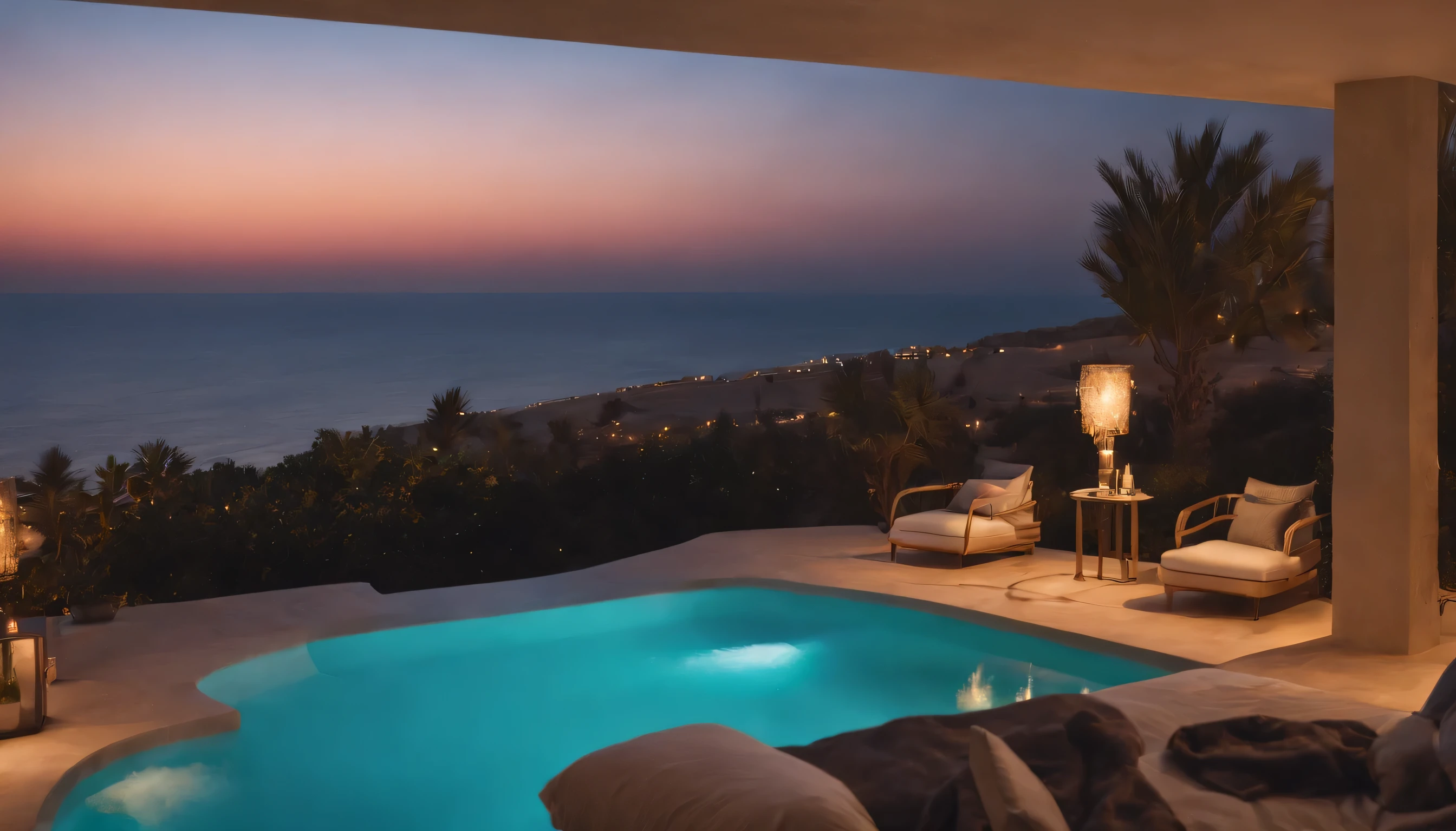 Commercial photography, real photography, movie style, photorealistic, 8K. Quiet night atmosphere. The stars are beautiful in the sky. A luxury home in Dubai with a pool in the garden and a relaxing moment by the pool. Looking out at the ocean from across the pool, with the moonlight reflecting off of it. Fantastic atmosphere, calming indirect lighting. A relaxing space with candles, books, and alcohol on the table.