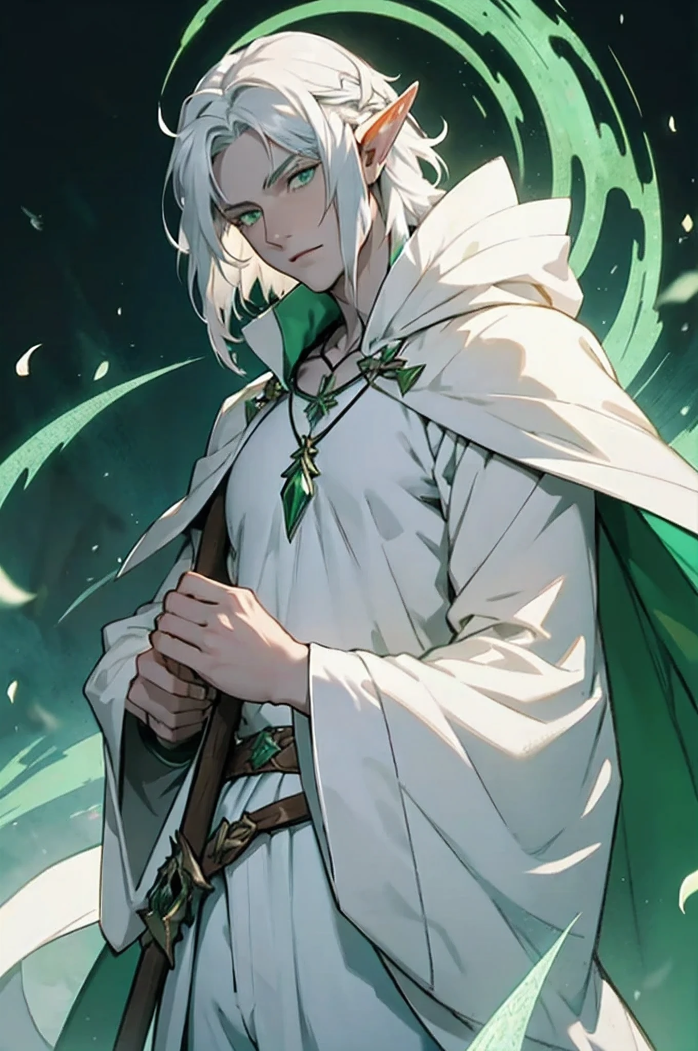 one Male Elf Mage named Eleanor,Pale skin color,Long haircut,Silver hair,Green eyes,wearing Green and White Robe,wearing White Pants,holding/carrying Magical Necklace,A Magical Bow in green