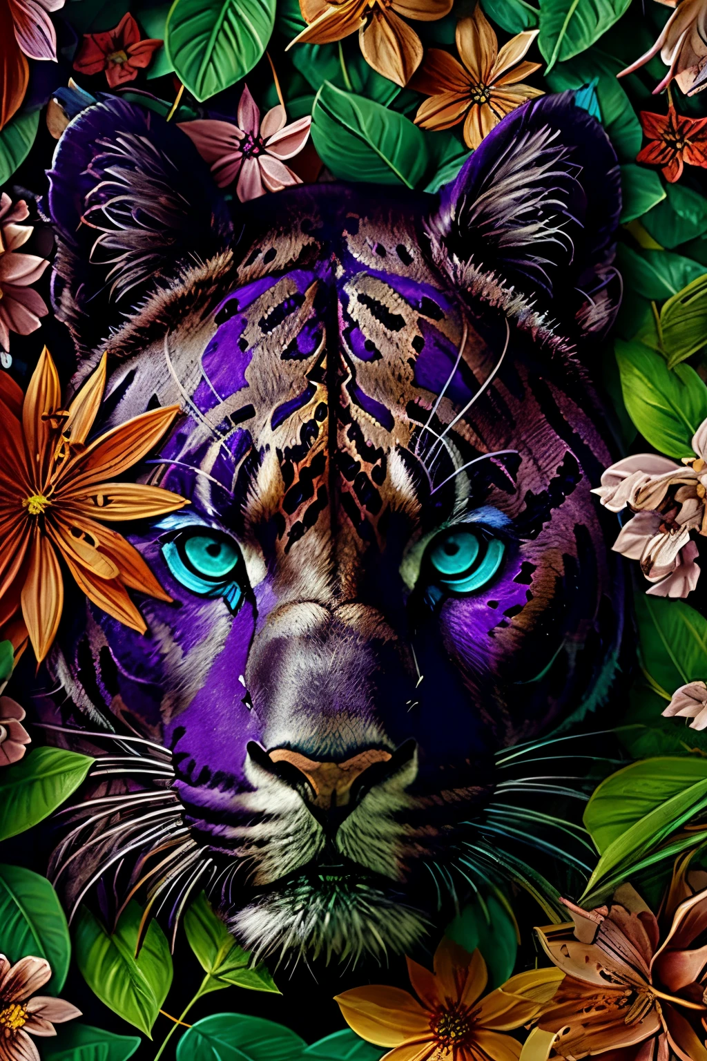 contemporary art collage, Panther head, With flowers and leaves, some smart insects, painted, Super detailed, full color, bright colors, 8K, actual