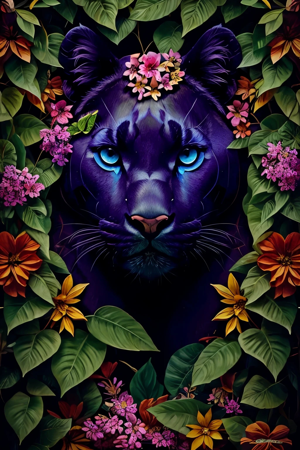 contemporary art collage, Panther head, With flowers and leaves, some smart insects, painted, Super detailed, full color, bright colors, 8K, actual