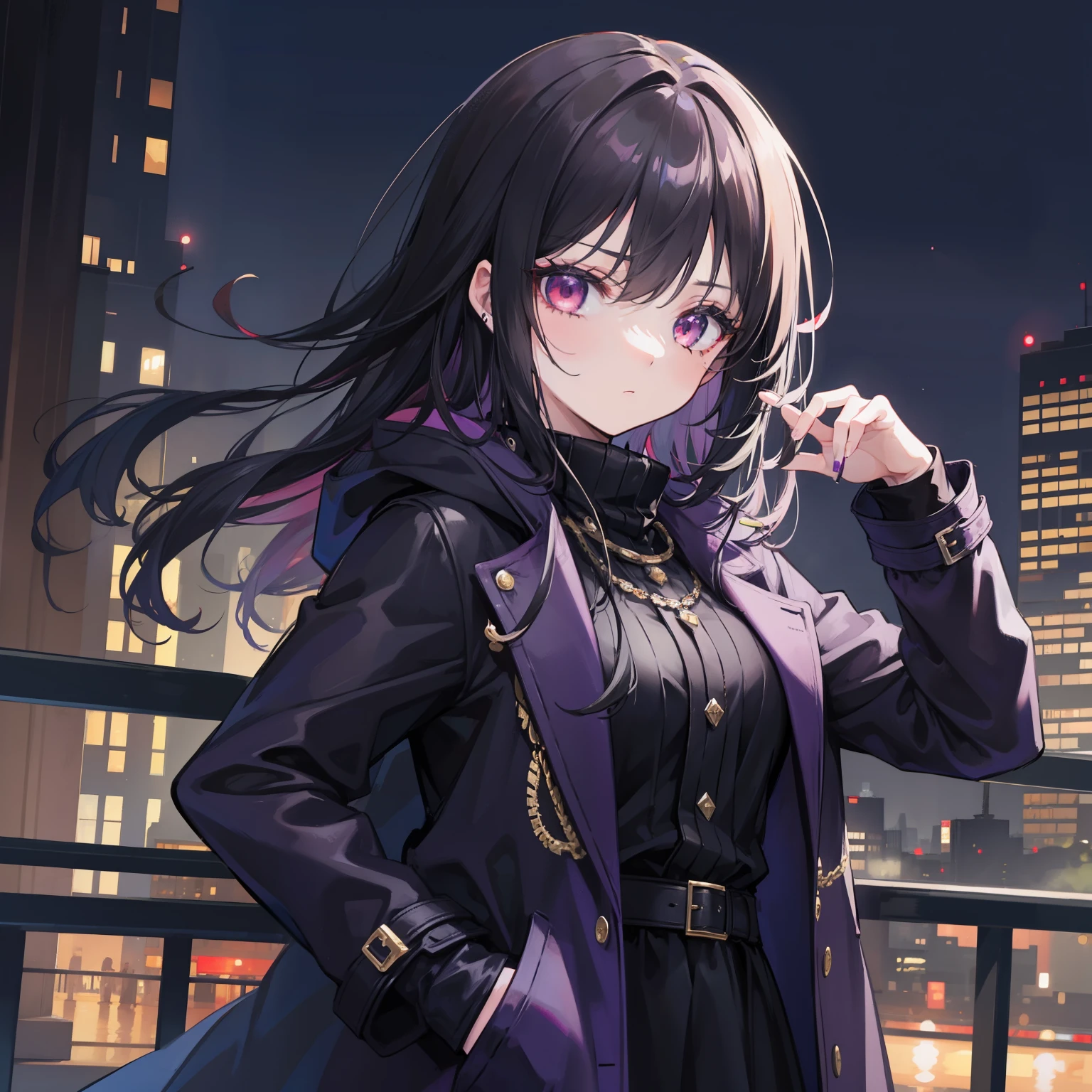 girl, City of night, coat, put one's hand in one's pocket , logothic, medium black hair, purple rock, dark red eyes, portrait