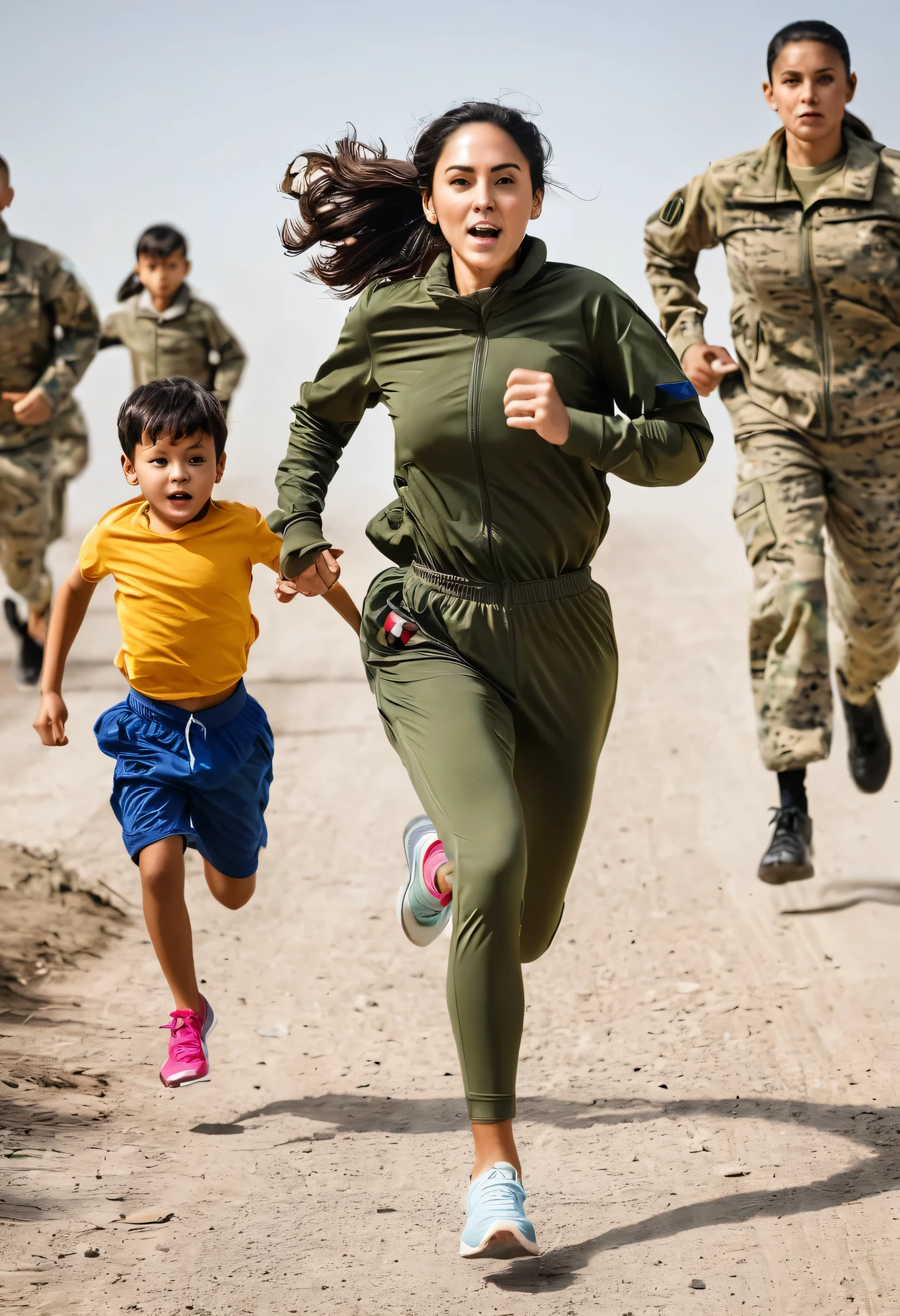 A woman is running after children and a military running her