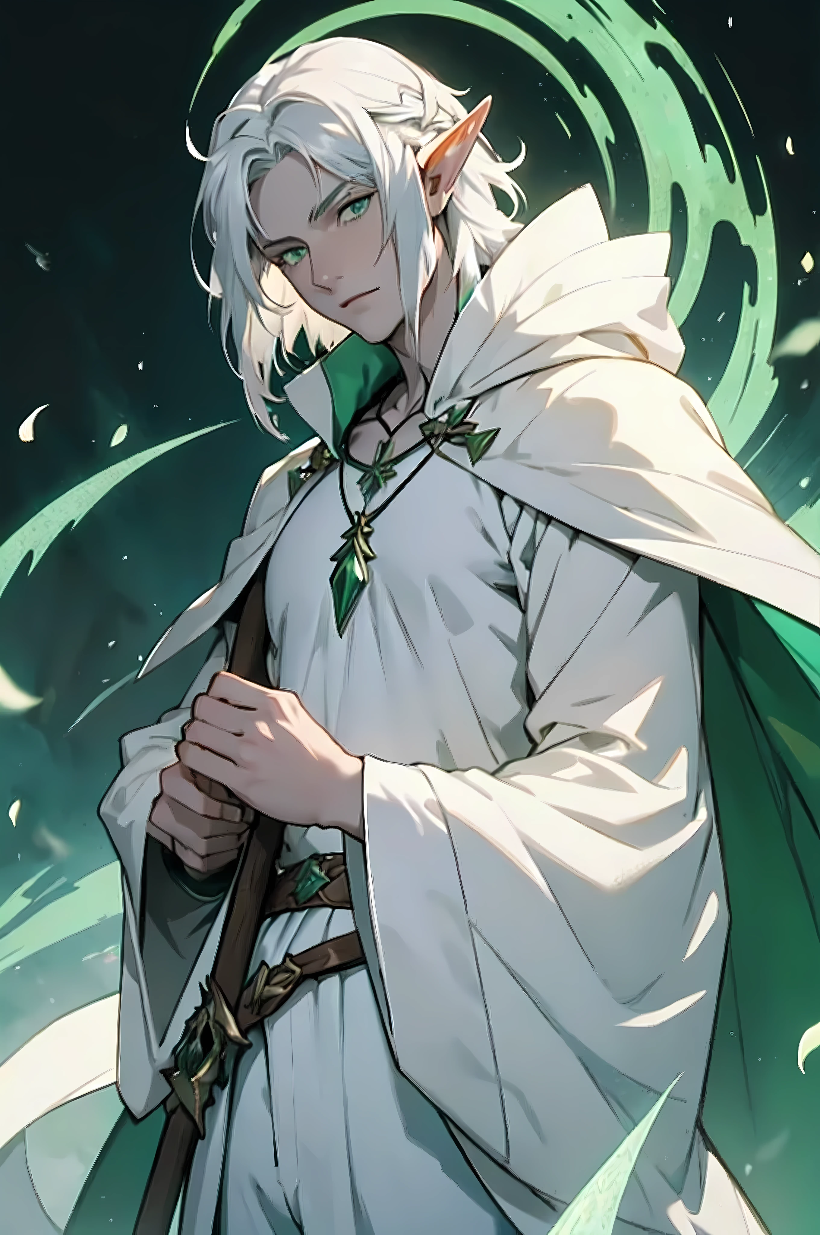 one Male Elf Mage named Eleanor,Pale skin color,Long haircut,Silver hair,Green eyes,wearing Green and White Robe,wearing White Pants,holding/carrying Magical Necklace,A Magical Bow in green