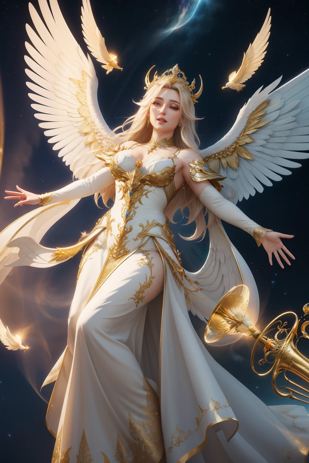 In the ethereal realm of heaven, a radiant 3D animation comes to life, brimming with the beauty and grace of celestial beings. Angels with heavenly wings, adorned in golden robes, playfully blow their trumpets, filling the air with melodious harmonies. Dancing around the magnificent throne of God, their movements radiate a serene and blissful energy.

This animation, powered by Unreal Engine, showcases hyper-realistic graphics with a stunning visual quality. The unparalleled attention to detail gives life to the ephemeral creatures, their personalities emanating warmth and divinity. Every feather on their wings appears delicate and lif