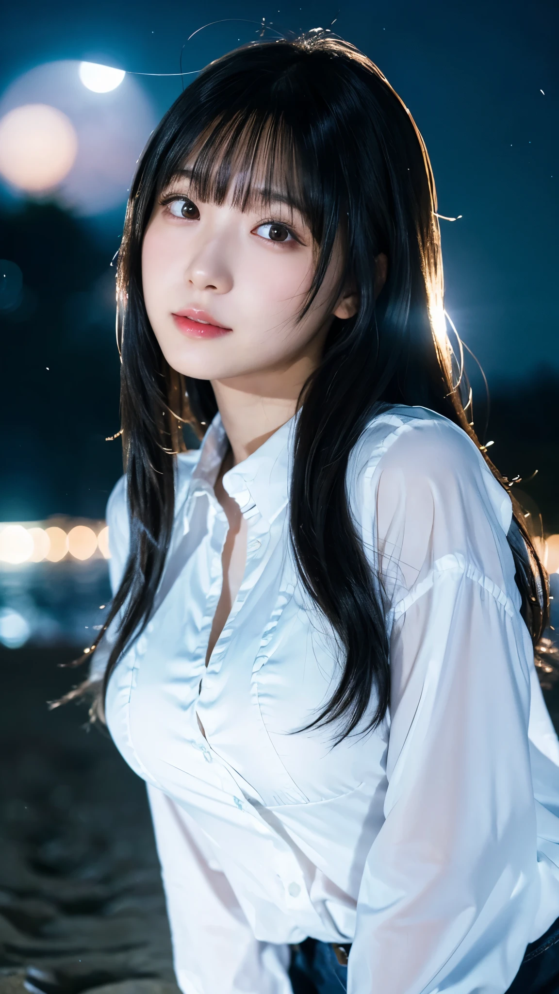 (highest quality,masterpiece:1.3,ultra high resolution),(Super detailed,caustics,8k),(photorealistic:1.4,RAW shooting),(night),(night空),(starry sky),(full moon),(beach),(full moonを見上げる女の子1人),sit,20-year-old,cute,Japanese,black long hair,strong wind,(hair blowing in the wind),(white blouse),(big breasts),Natural light,moonlight,(side shot),(bust up shot),(low position),(Low - Angle)