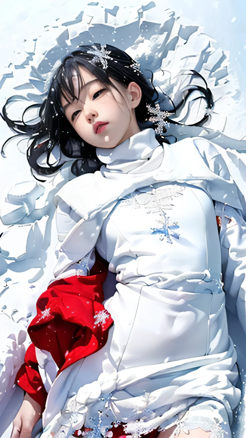 (((Masterpiece))),((top quality)),one beautiful Japanese girl,Pale, (A character that personifies snow: 1.5), (snowflake 1.5)、(((the whole body is white:1.5)))、(belly button)、(Pure white lace dress:1.5),(plain clothes), (skin revealing),(The background is in the snow 1.5).(((from the front:1.5)))、(straight front: 1.5)、(((lie down in the snow:1.5)))