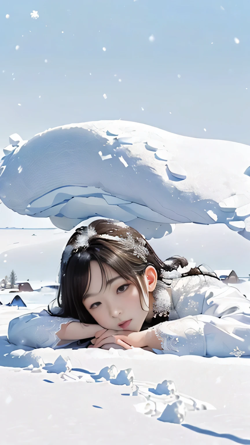(((Masterpiece))),((top quality)),one beautiful Japanese girl,Pale, (A character that personifies snow: 1.5), (snowflake 1.5)、(((the whole body is white:1.5)))、(belly button)、(Pure white lace dress:1.5),(plain clothes), (skin revealing),(The background is in the snow 1.5).(((from the front:1.5)))、(straight front: 1.5)、(((lie down in the snow:1.5)))