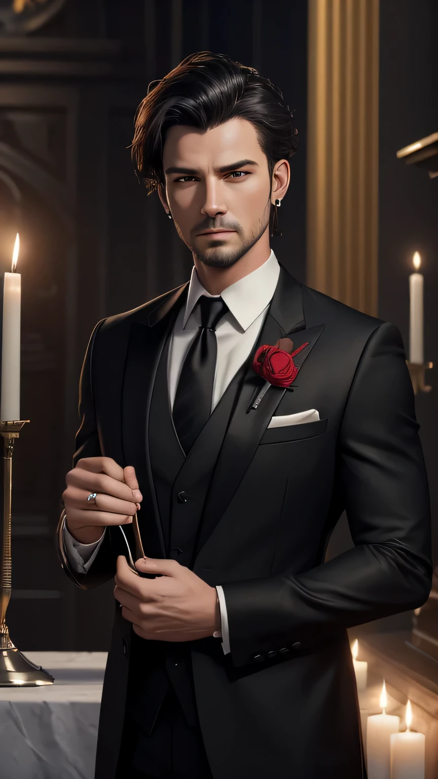 (Masterpiece), best quality, highest quality, highly detailed CG unity 8k wallpaper, original, high resolution, (depth of field: 1.5), fidelity: 1.3, masculine, groom portrait style, boy facing left, altar background candle at the back, black wedding suit, red wedding necktie, solo, earrings, black_hair, facing left
