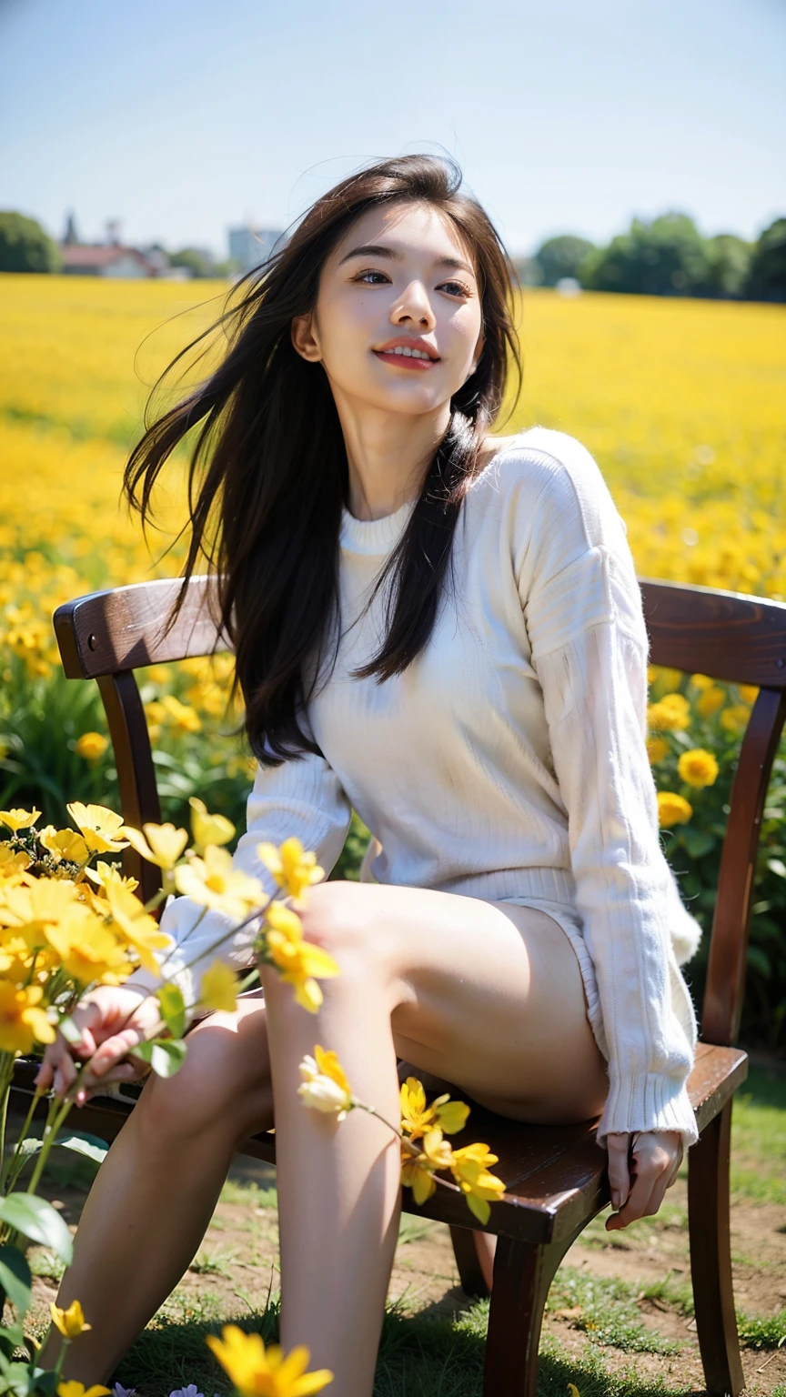((best quality)), ((masterpiece)), (detailed), 完美arafed woman laying in a chair in a field of yellow flowers, she is in pure bliss, sitting relax and happy, relaxed pose, very beautiful photo, chinese girl, asian girl with long hair, relaxing, sitting with flowers, relaxing mood, girl floating in a flower field, relax, hair fluttering in the wind, sunny day time, beautiful girl的脸