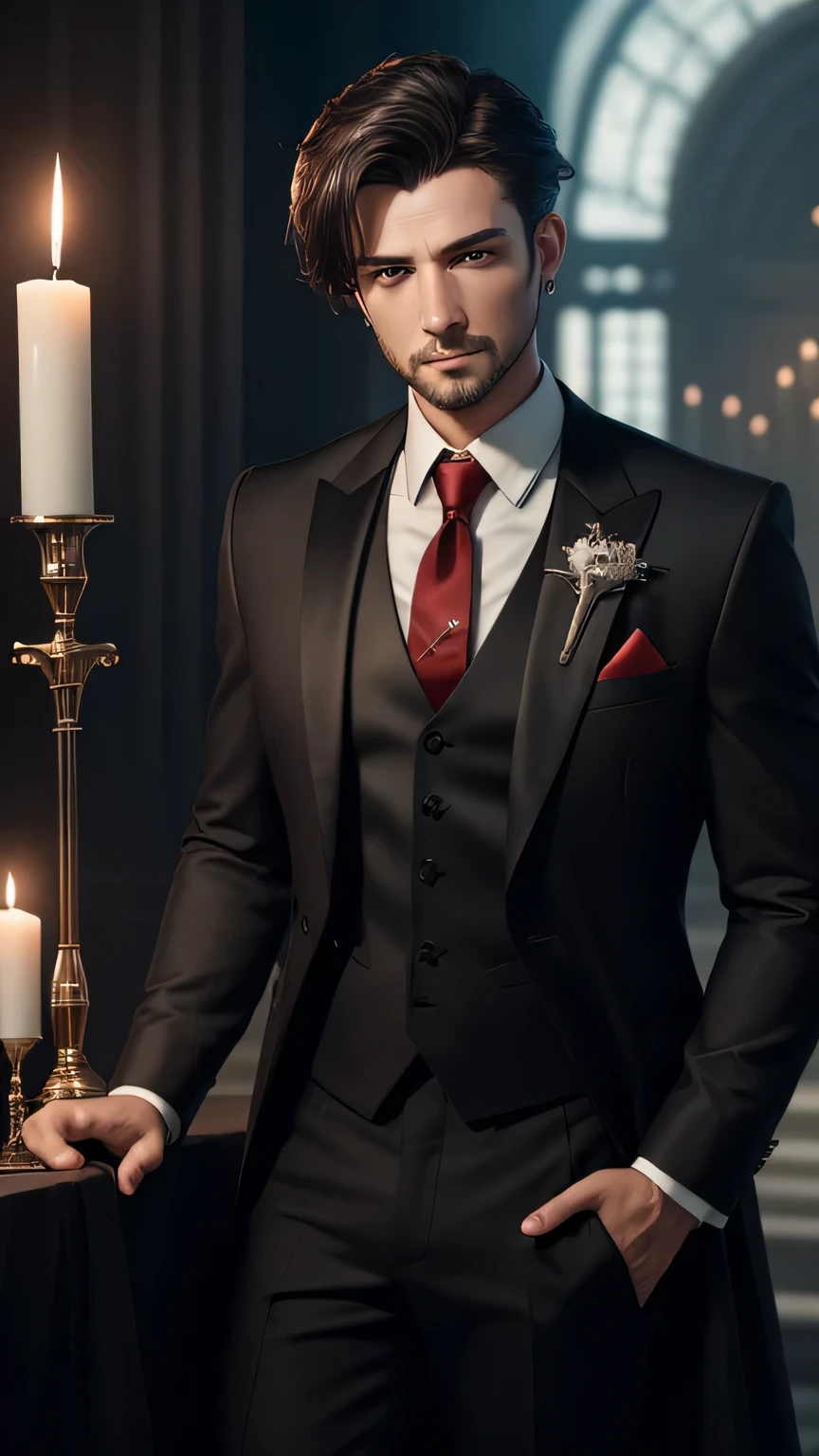 (Masterpiece), best quality, highest quality, highly detailed CG unity 8k wallpaper, original, high resolution, (depth of field: 1.5), fidelity: 1.3, masculine, groom portrait style, boy facing left, altar background candle at the back, black wedding suit, red wedding necktie, solo, earrings, black_hair, facing left
