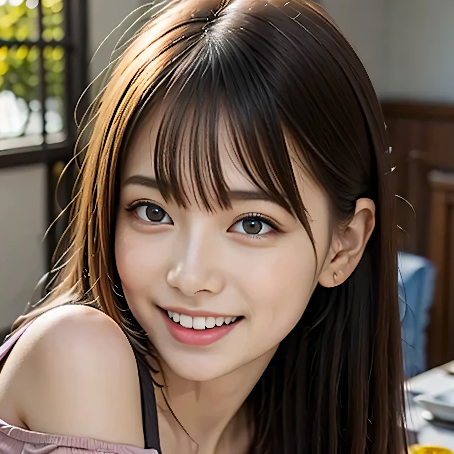 ((realistic light, highest quality, 8K, table top: 1.3)), 1 girl, alone, beauty of slim body: 1.4, brown hair, ((big breasts)), (pink off-shoulder cut top: 1.3), highly detailed face, fine eyes, double eyelid, my room, smile, (portrait)