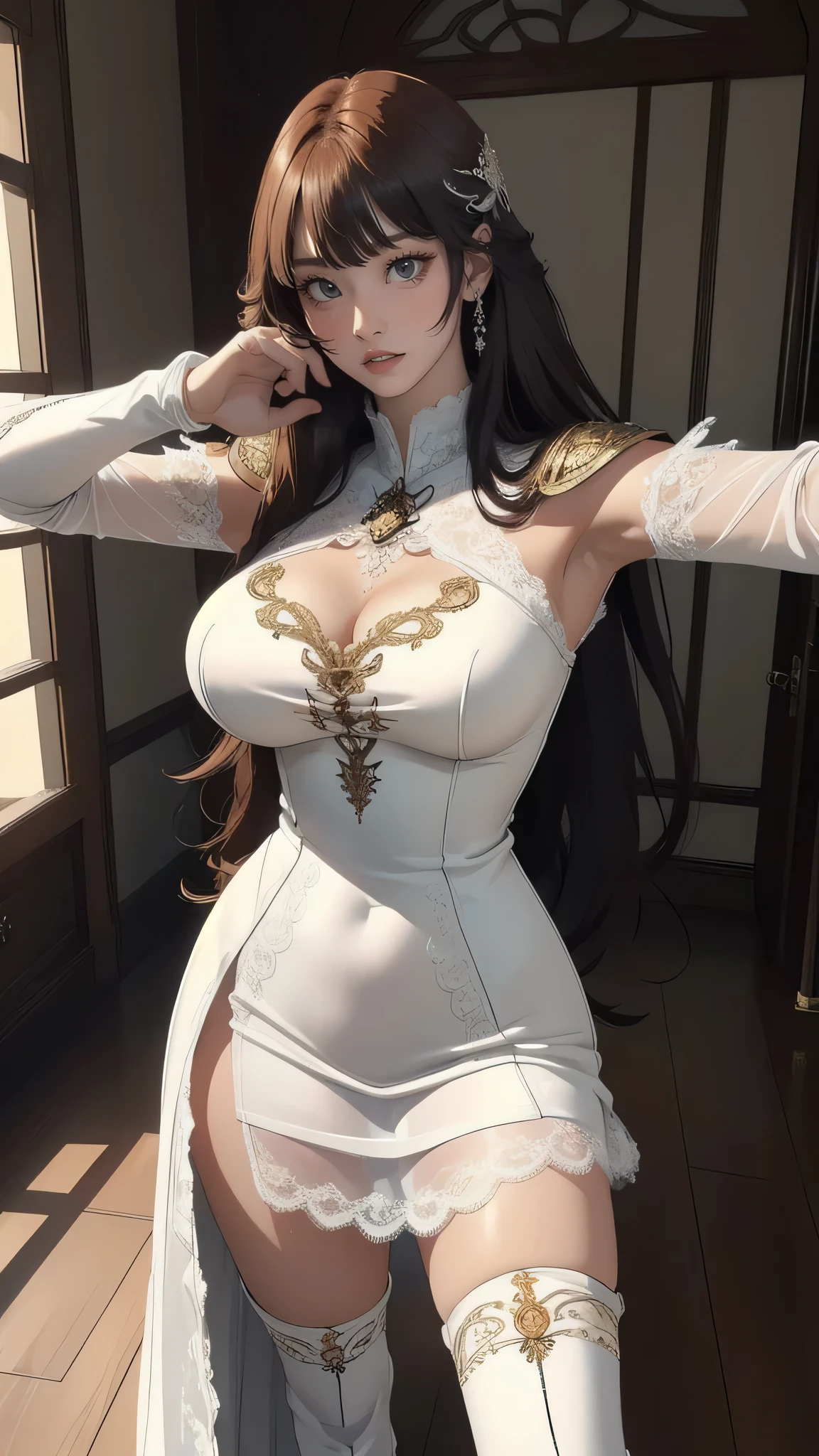 (random fighting pose:1.5),(Cinematic scene,Fantasy Art,Highest image quality,(8K),Ultra-realistic,Best Quality,High quality,High Definition,high quality texture,high detailing,Beautiful detailed,fine detailed,extremely details CG,Detailed texture,realistic representation of face,masterpiece,presence,Dynamic,Bold),1gir,Ultra detailed skin,Curve,Beautiful breasts,Large breasts,pale skin,pointed breast,Erect nipples,(Thin hair),(Soft hair),(Ultra straight hair),Swept long bangs,Extra bright coppery amber hair,Hair over one eye,(leather boots,(asymmetrical mecha armor),(long embroidered white lace dress,see through:1.2))