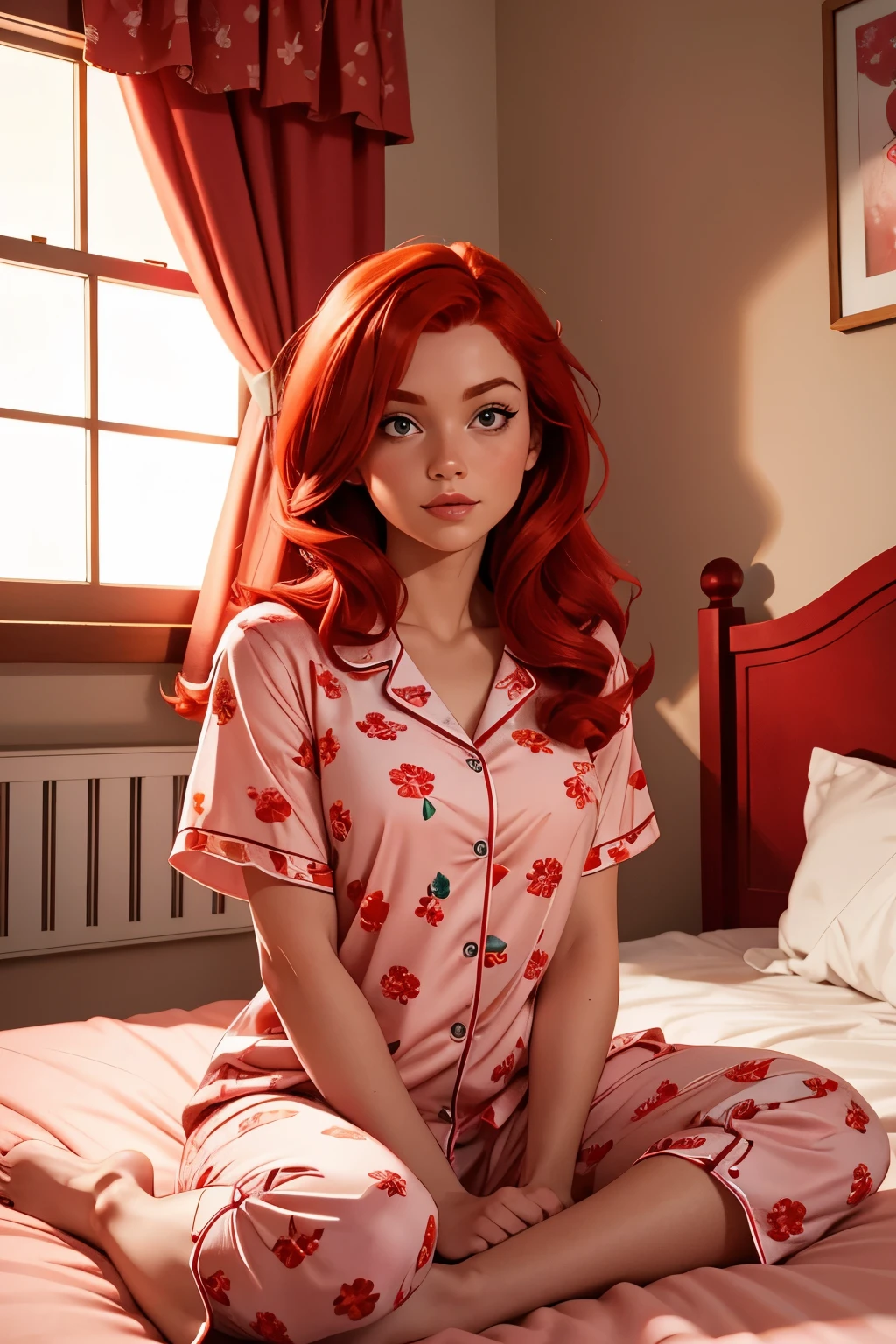 A woman in pink pajamas with a floral pattern is sitting on the bed.., Red-haired girl, beautiful red-haired woman, red-haired woman, young Red-haired girl, short bright red hair, red hair and attractive features, Anna Nikonova, aka newmilky, Red-haired girl, redhead, beautiful woman, posing in bed, redhead head, with short red hair, posing in the room