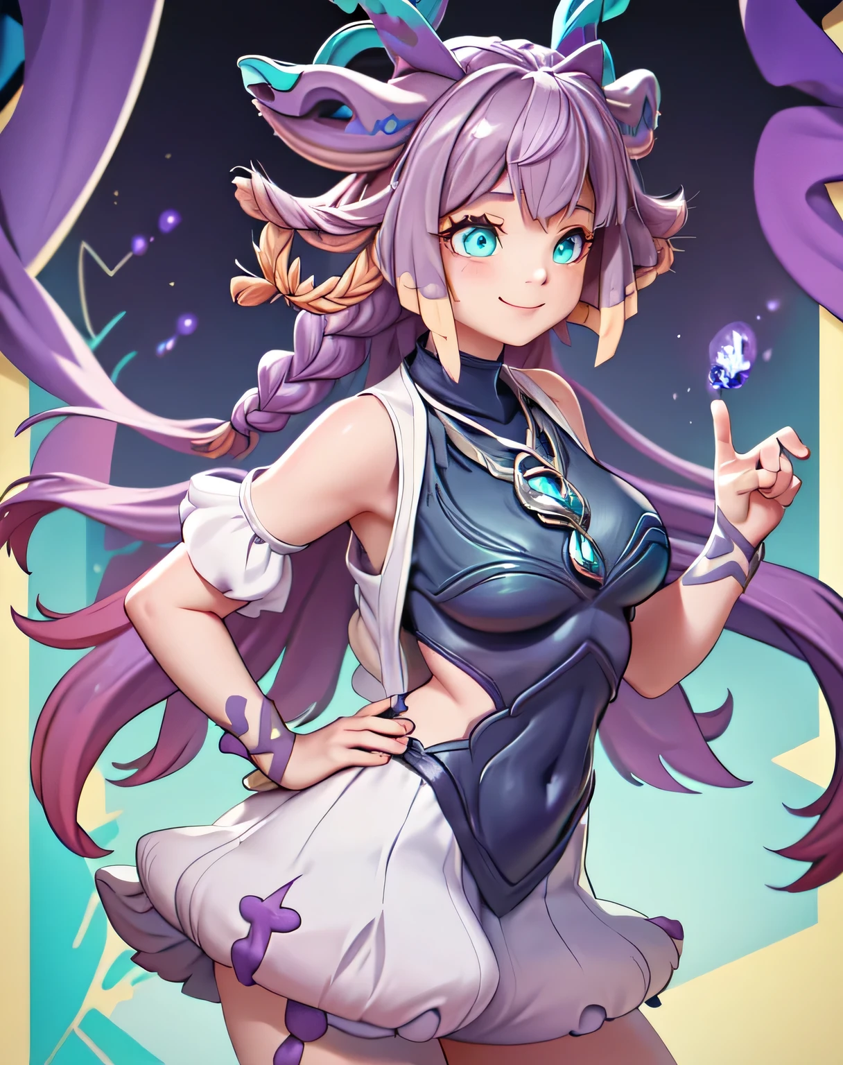 ((big breasts)), 1girl, solo, long hair, smile, blue eyes, large breasts, dress, bare shoulders,  very long hair, purple hair, braid, sleeveless, mole, mole under eye, turquoise necklace, horn, (masterpiece,best quality:1.5)