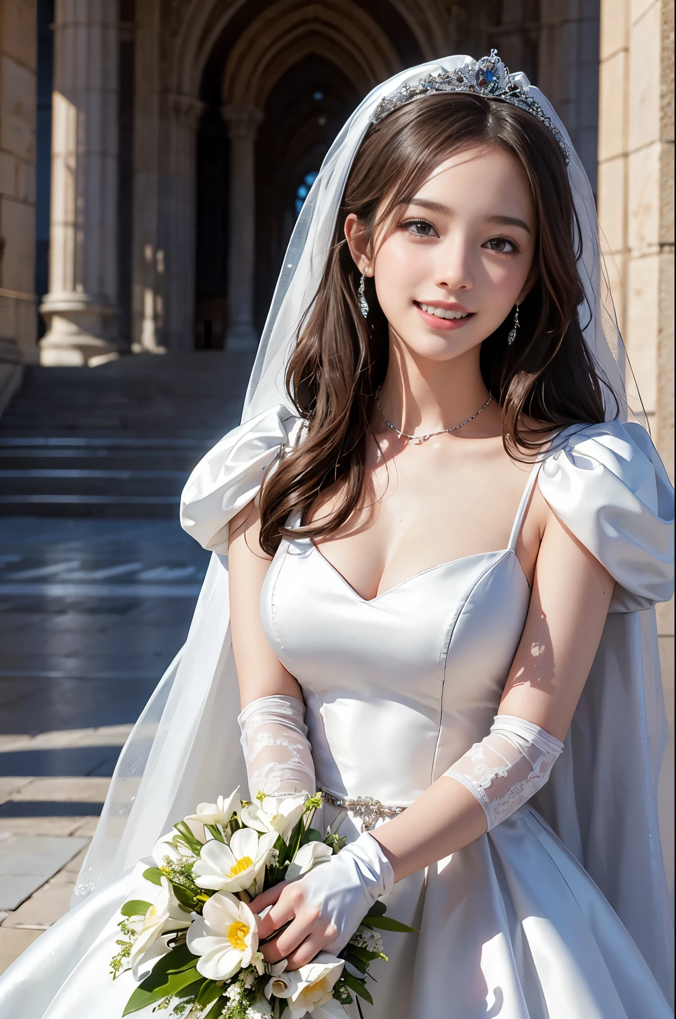 best quality, masterpiece, 1 girl, (huge laugh), cute teen, shiny lips, sweet, sun glare, Conservative attire, wedding dress, white gloves, bouquet, bridal tiara, depth of field, blurred background, Cathedral Background, light particles, strong wind, head tilt, long hair, 