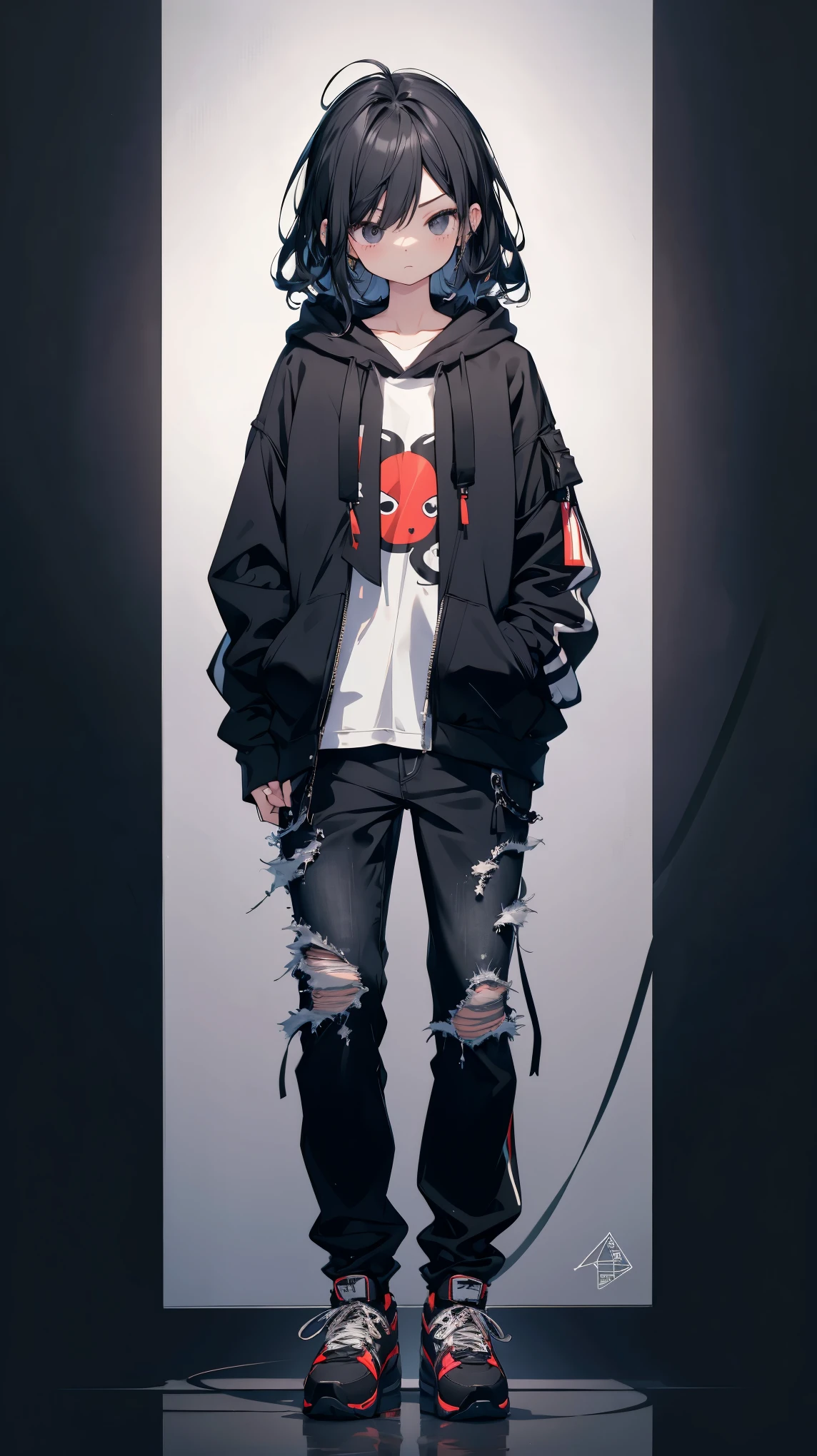 1 girl、highest quality、masterpiece、4K、Highest image quality、whole body、slightly wavy hair、black hair below shoulder length、black eyes、black sneakers、black hoodie、jeans、put one's hand in one's pocket、dark look、gray background