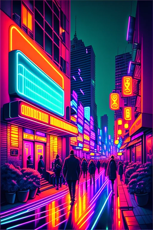 neon lights, vibrant cityscape, bustling streets, futuristic architecture, glowing signs, colorful reflections, nighttime, energetic atmosphere, vibrant nightlife, dazzling colors, dynamic movement, urban excitement, lively pedestrians, sleek cars, vibrant glow, busy intersections, high-rise buildings, electrifying energy, glowing pathways, iconic landmarks, surreal ambiance, neon-lit alleys, pulsating city, mesmerizing light patterns, vibrant urban culture, glowing advertisements, neon-lit sky, vibrant street art, dynamic city skyline, illuminated storefronts, lively entertainment district, vibrant nightlife, bustling night market, buzzing energy, dazzling neon art, electrifying atmosphere, vibrant city lights