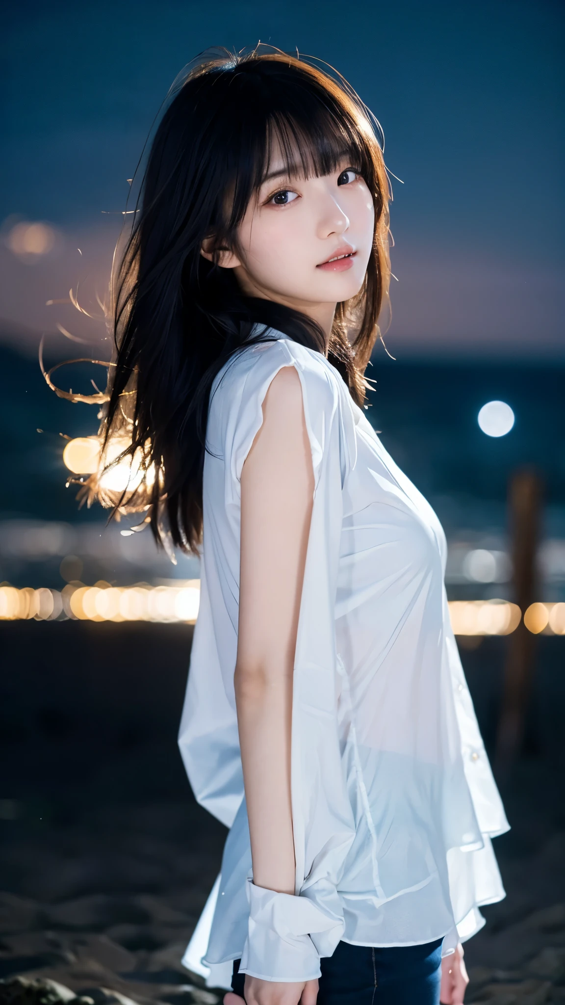 (highest quality,masterpiece:1.3,ultra high resolution),(Super detailed,caustics,8k),(photorealistic:1.4,RAW shooting),(night),(night空),(starry sky),(full moon),(beach),(full moonを見上げる女の子1人),Are standing,20-year-old,cute,Japanese,black long hair,strong wind,(hair blowing in the wind),(white blouse),(big breasts),Natural light,moonlight,(side shot),(bust up shot),(low position),(Low - Angle)