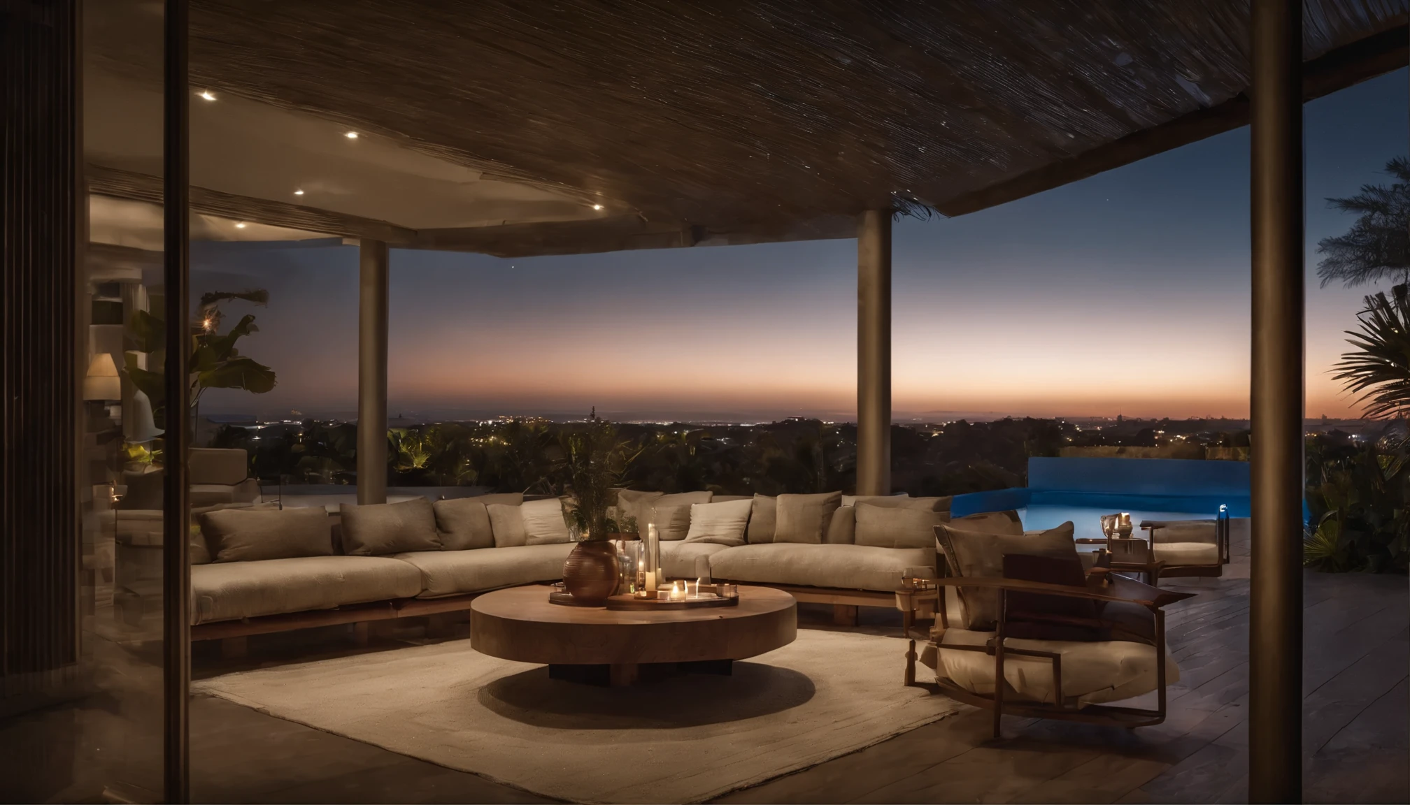 Commercial photography, real photography, movie style, photorealistic, 8K. Quiet night atmosphere. The full moon shines in the sky. The stars are beautiful. A luxury home in Dubai with a pool in the garden and a relaxing moment by the pool. Gaze out at the night view from across the pool, with the moonlight reflecting on it. Fantastic atmosphere, calming indirect lighting. A relaxing space with candles, books, and alcohol on the table.