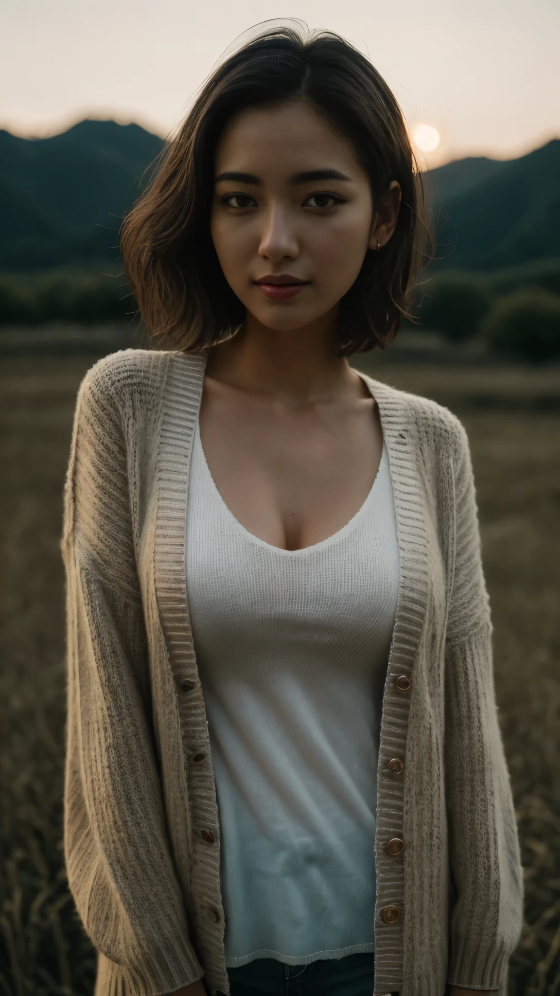 (RAW style, masterpiece, best quality, very detailed), Italian Beauties, doing outdoor activities., deep v sweater open cardigan, big bust, beautiful night, cheerful and happy, clear sky, analog style, (skin texture, film grain), cinematic light, side lights, Ultra-high resolution, small face, 축 처진 아주 big bust, dawn,