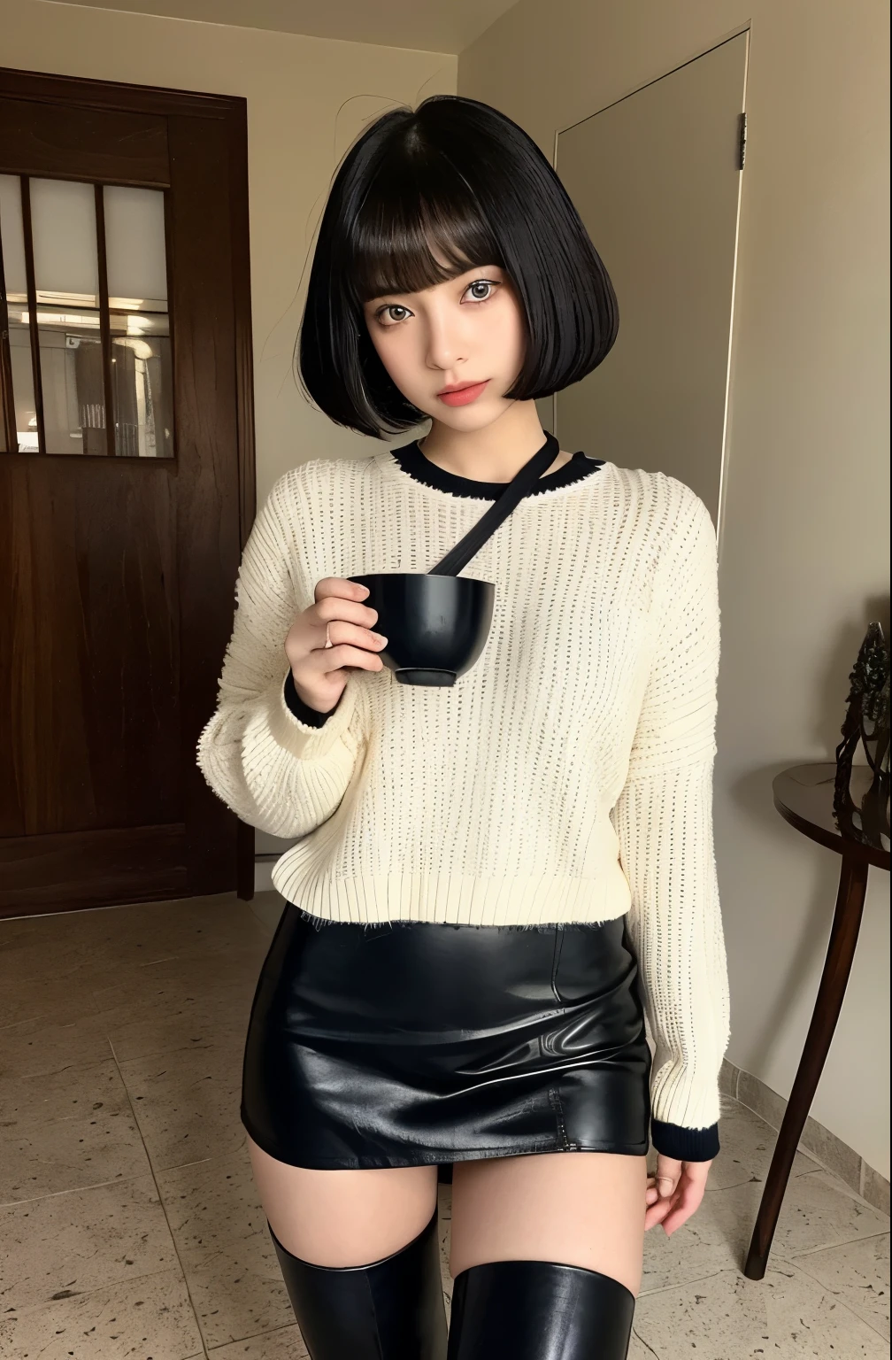 Beautiful girl in a leather skirt and boots, with thick brows and a short bob, (that f (deka fume): 1.2), erotic aura,and a Patsun (short bob поPatsun bob): 1.4, Wakame-chan cut (seaweed cut): 1.3, wearing knee-high boots and a dull bowl cut (very short bowl cut: 1.1). Her figure is reminiscent of an angel, a very beautiful and cute girl (Angelique: 1.1), with beautiful and detailed eyes (big eyed: 1.3, detailed