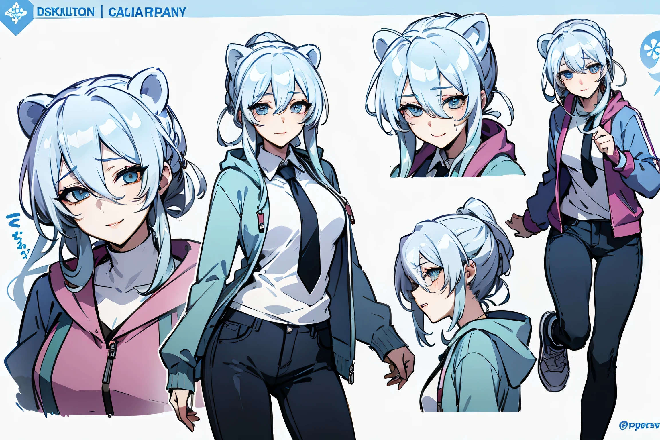 karapucha Remix Hints Copy hints highest quality, Detailed face, Character Sheet,(((Young woman:1.5))), ((whole body:1.2)), Full of details, Multiple postures and facial expressions, very detailed, Depth, ung woman, without bangs, (sky long hair, Gray sexy eyes, Straight hair, polar bear ears, white shirt and blue tie, hoodie Jacket looks, medium breasts, High neckline, strap, Suspense, Skinny black jeans, White running shoes, Rocker style, sexy smile and pose,Discolored skin,