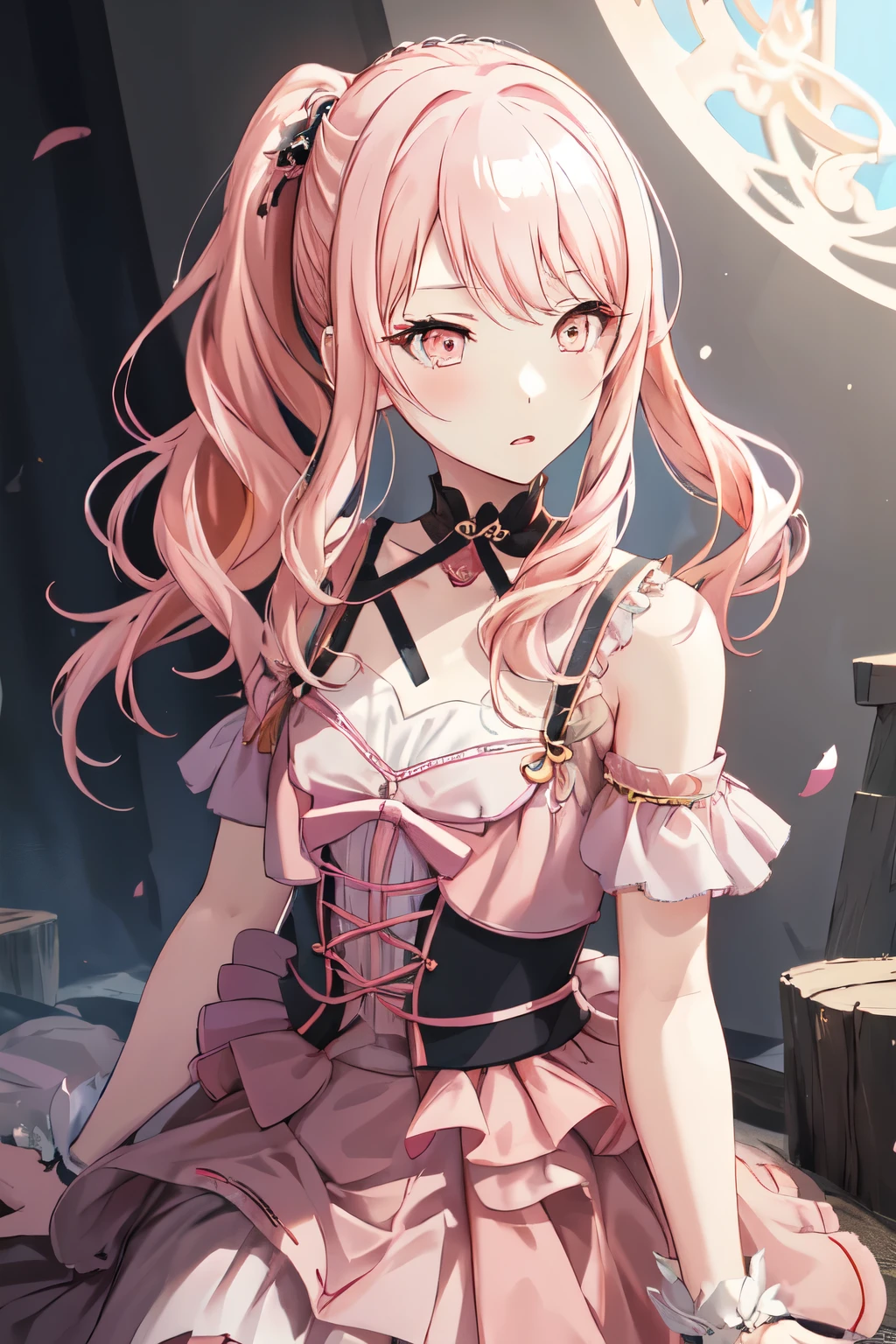 Mizuki, 1 girl, alone, pink hair, pink eyes, long hair, side lock, side ponytail, flat chest, (Flower Castle:0.78), clavicle, eye shadow, masterpiece, highest quality, looking at the viewer, ruffle blouse, (anger:0.38), dark background、最高masterpiece