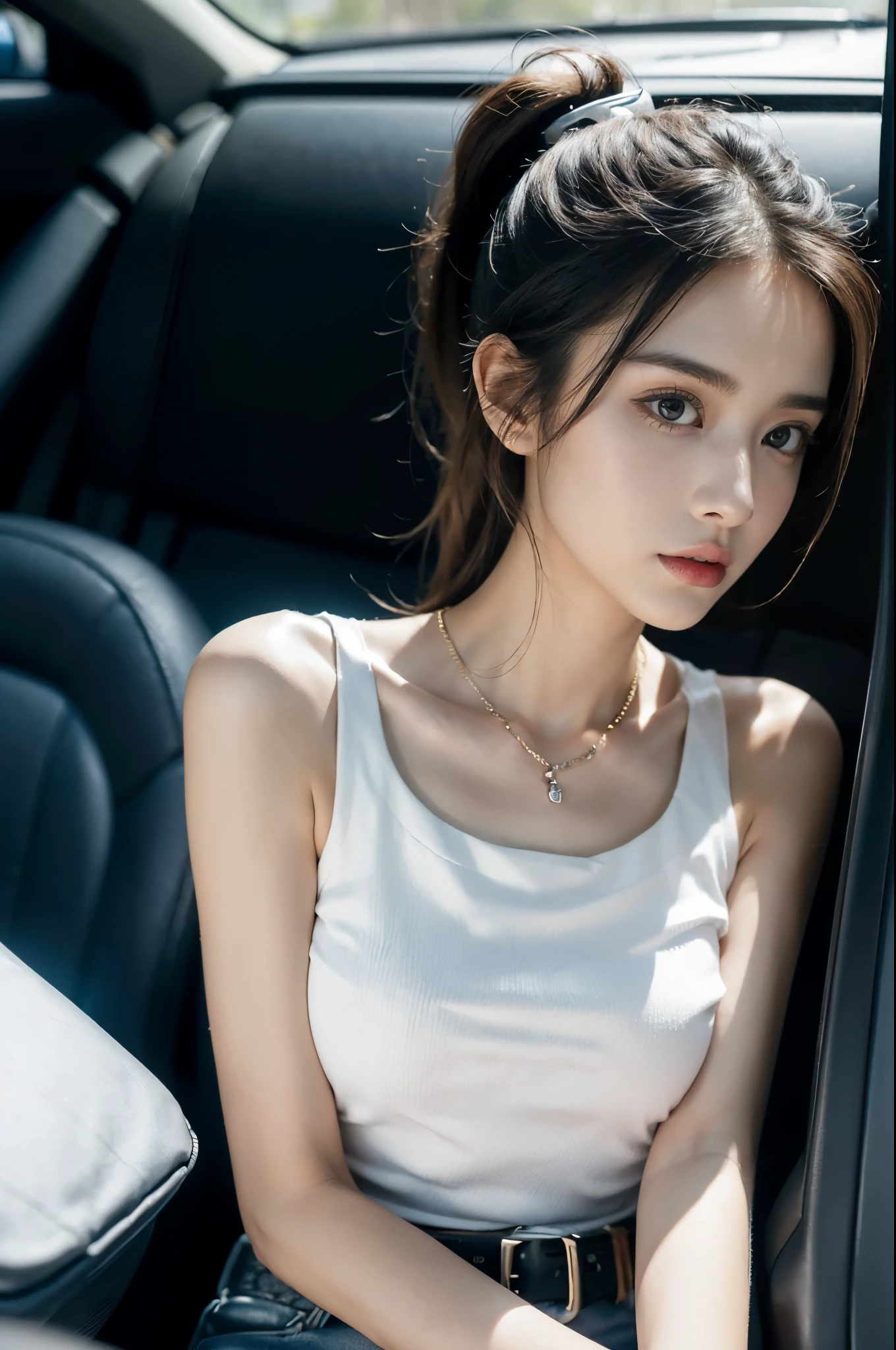 ((((8k))),((Extremely meticulous CG)) ,(wallpaper),16k,((Extremely refined and beautiful)),(((Masterpiece))),(((best qualtiy))),(((Ultra High Resolution))),beautiful light up,Perfect lightning,realistic shaded,((high resolution)),(Smooth and flawless skin:1.5),(Extremely exquisite facial details:1.2),(perfect body:1.2),(ultra-detailed),((A beautiful girl,solo)),(small head:1.2),(pale skin:1.3),(short ponytail:1.2),(small face:1.2),(baby face:1.3),(Exquisite makeup:1.2),(small breasts:1.2),(flat chests:1.2),((slim,thin)),(frown:1.2),((discomfort,disgust)),(necklace:1.2),(worn white tank top:1.5),(worn denim shorts:1.3),(thigh straps:1.2),(slender legs:1.2),(sneakers:1.2),(day scene:1.3),(morning:1.3),(In a car:1.2),(sitting on the seat:1.3),(Dirty interior environment:1.3),(detailed background:1.5),(upper body:1.3),(from front:1.3),(The car is full piled up with garbage:1.5)