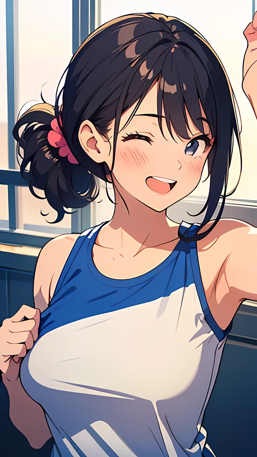 masterpiece,best quality, ultra high res,(beautiful woman:1.2),(beautiful Oversized breasts:1.3),(happy:1.2),(enjoy:1.2), (dark hair:1), (short low ponytail:1.2), medium hair,a sexy mole around the mouth,wet lip, (burst into laughter:1.4), Laughing at  viewer, (squinting:1.4), shoot from side,(simple plain uniform:1.5),(gym uniform:1), school gym clothes,(plain:1.8),(wearing round neck white t-shirt:1.2), navy blue short Sweatpants , upper body shot,