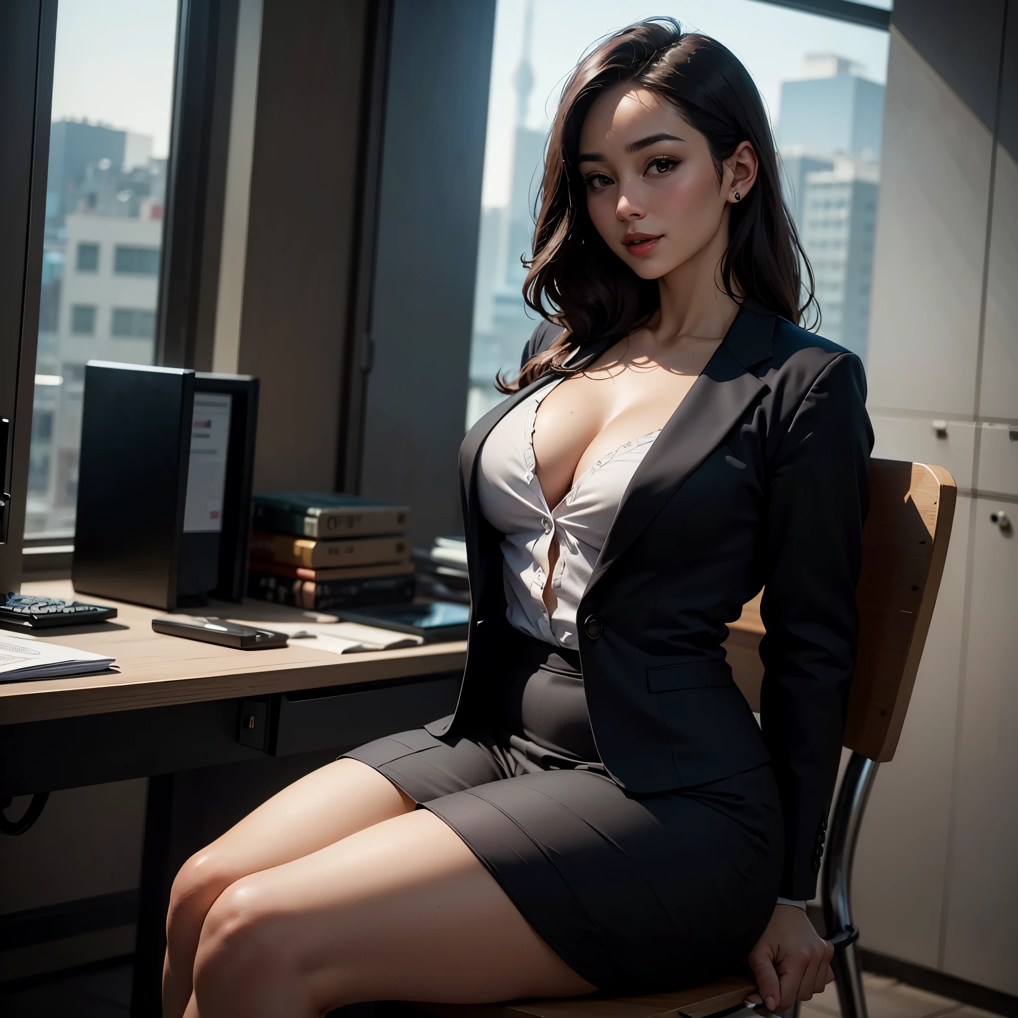 (RAW photo), (Realistic), (photo-realistic), ultra high resolution, masterpiece, highest quality, portrait, facial portrait, perfect lighting, detailed lighting, dramatic shadow, ray tracing, 1 Japanese beautiful mature lady, 30 years old, Voluptuous, cleavage, plump body type, beautiful detailed brown eyes, chubby lips, red lips, big tits, big ass, big thick thighs, abs, muscle, medium straight hair, black hair, half open mouth, smiling, looking at viewer, ((wearing a business suit:1.2)), ((mini skert:1.5)), ((arms behind back)), in a office,