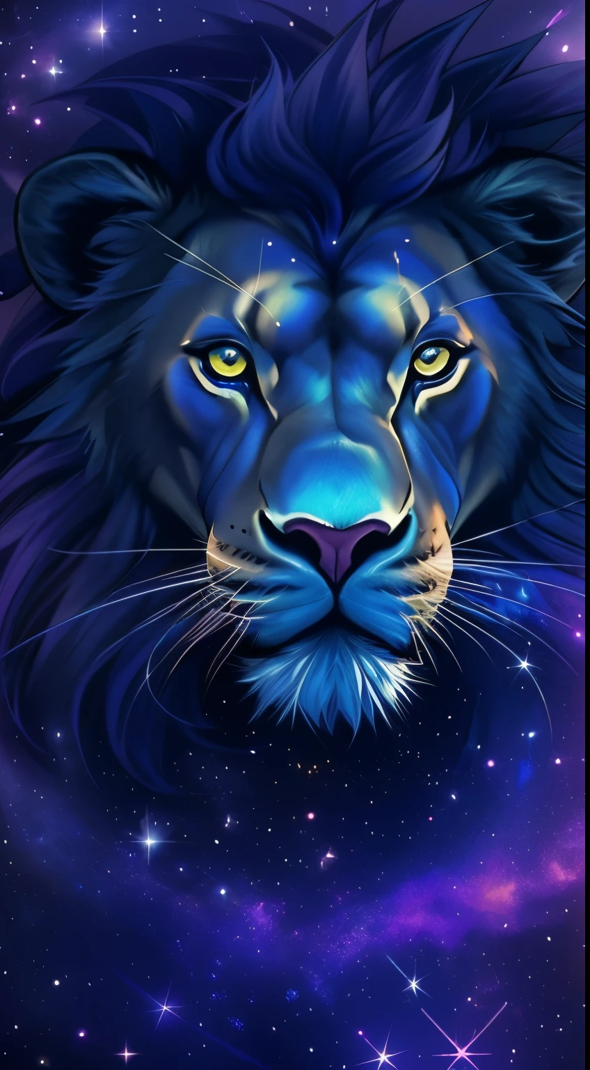 Close up of lion on purple and blue background,portrait of a cosmic entity,Strange portrait of the Milky Way,On the starlight plane) ) ),astral appearance,Galaxy DMT Entity,Nebula Halo Theme,glowing black halo,cosmic entity,Galactic entity,Galaxy God,Cosmic terrorist entities,High quality astral projection rendering,Portrait of the cosmic god,Astral ethereal