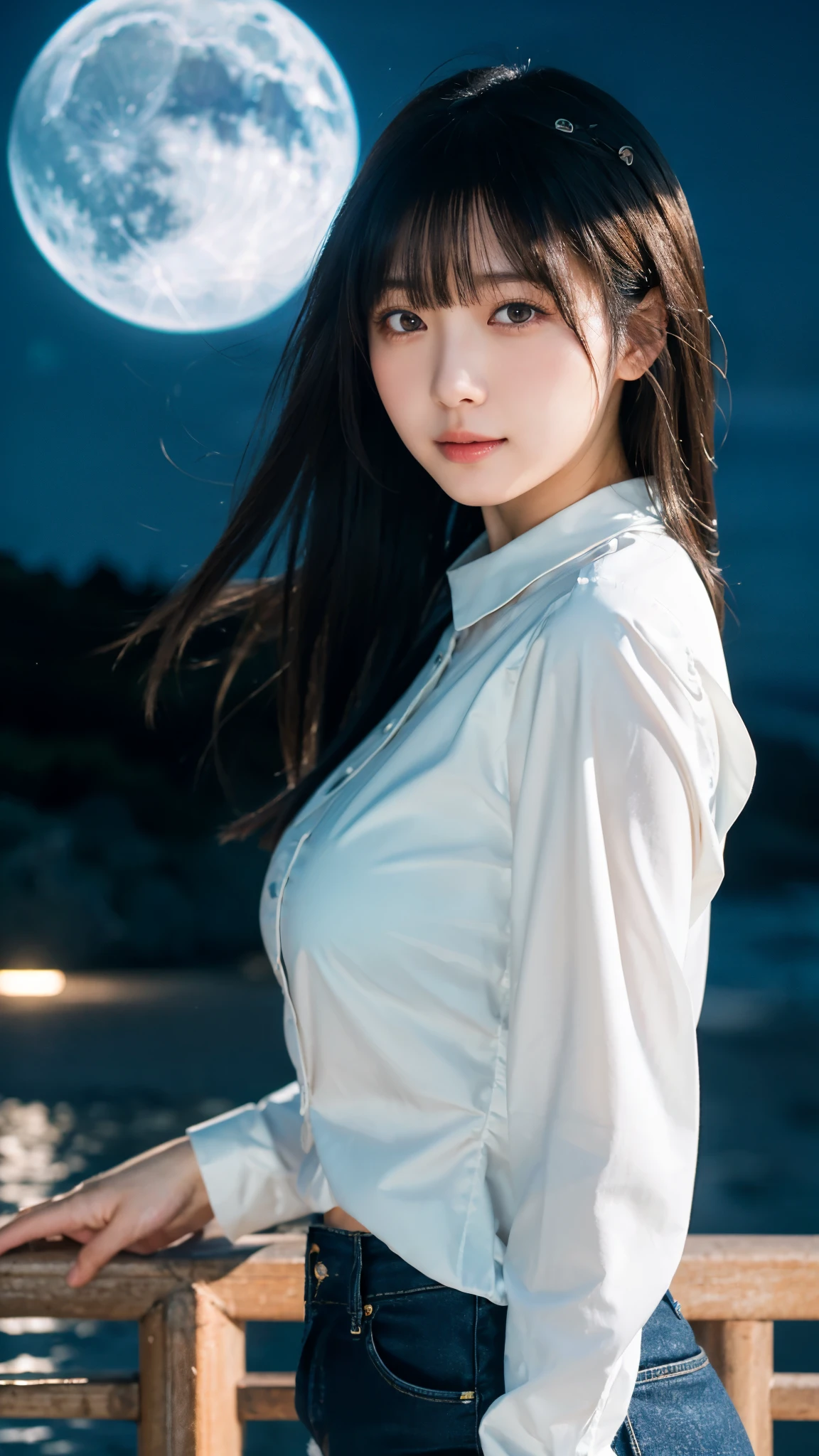 (highest quality,masterpiece:1.3,ultra high resolution),(Super detailed,caustics,8k),(photorealistic:1.4,RAW shooting),(night),(Night Sky),(starry sky),(full moon),(beach),(A girl looking up at the full moon),sit,20-year-old,cute,Japanese,black long hair,strong wind,(hair blowing in the wind),(white blouse),(big breasts),Natural light,moonlight,(side shot),(bust up shot),(low position),(Low - Angle)