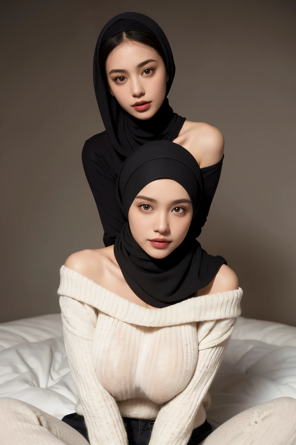 Two 20 yo woman,hijab, sweater, dark theme, soothing tones, muted colors, high contrast, (natural skin texture, hyperrealism, soft light, sharp), simple background, slim body with big breast, (big size breast: 1.6) using off shoulder tight clothes, 2girl, giant tits, big breast, breast bigger than torso, using white sweater, using black hijab, gigantic breast, gigantic tits, sweet smiling, sitting while spreading legs, half naked (using sweater, not using pants)