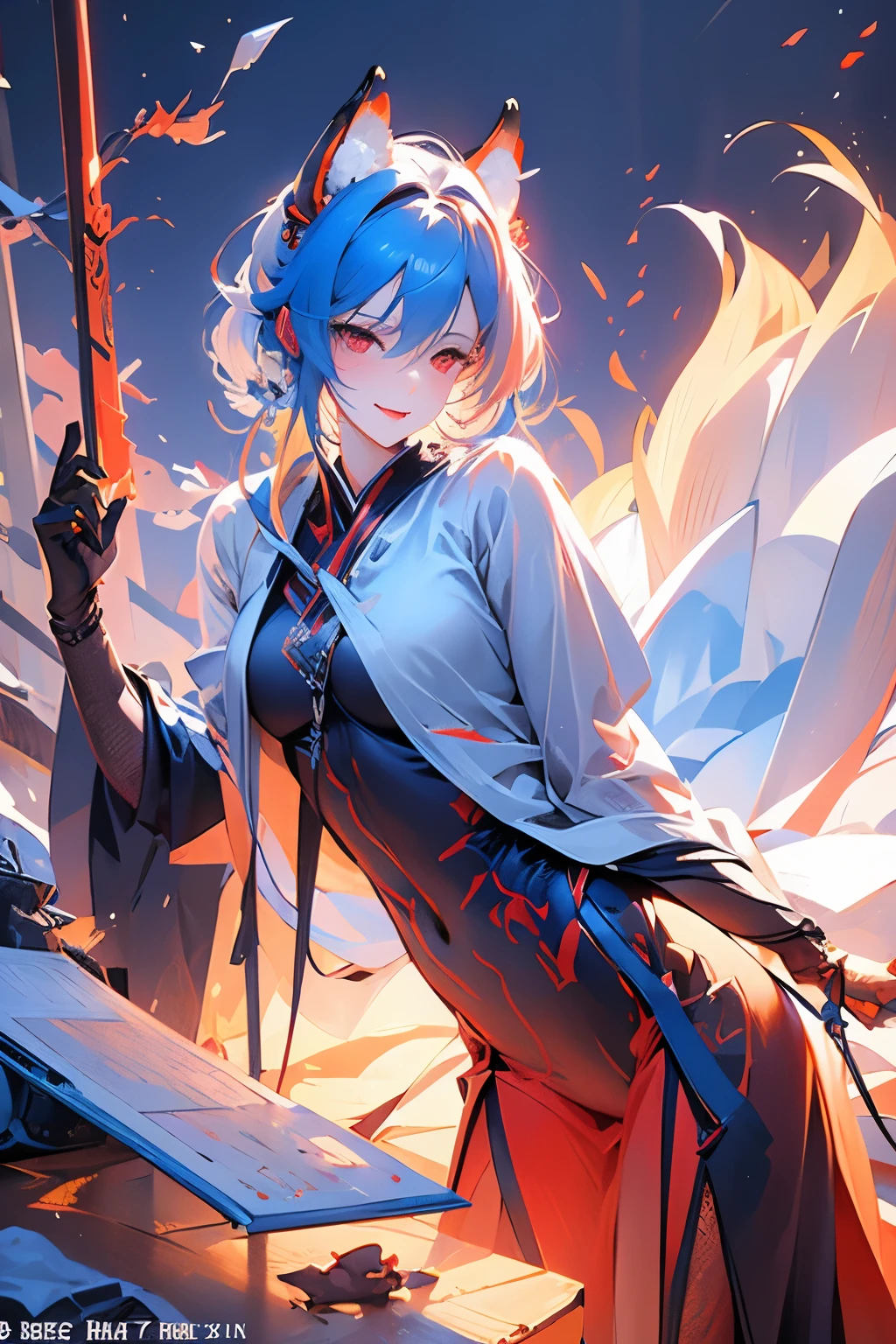 Smiling Rei Ayanami&#39;s masterpiece， (fox demon), fox tail， , Red eyes, feminine,Excellent figure， blue hair,,  Shadow flat illustration, The art of math, Popular topics on ArtStation, Very detailed, fine details, complex,  neon color