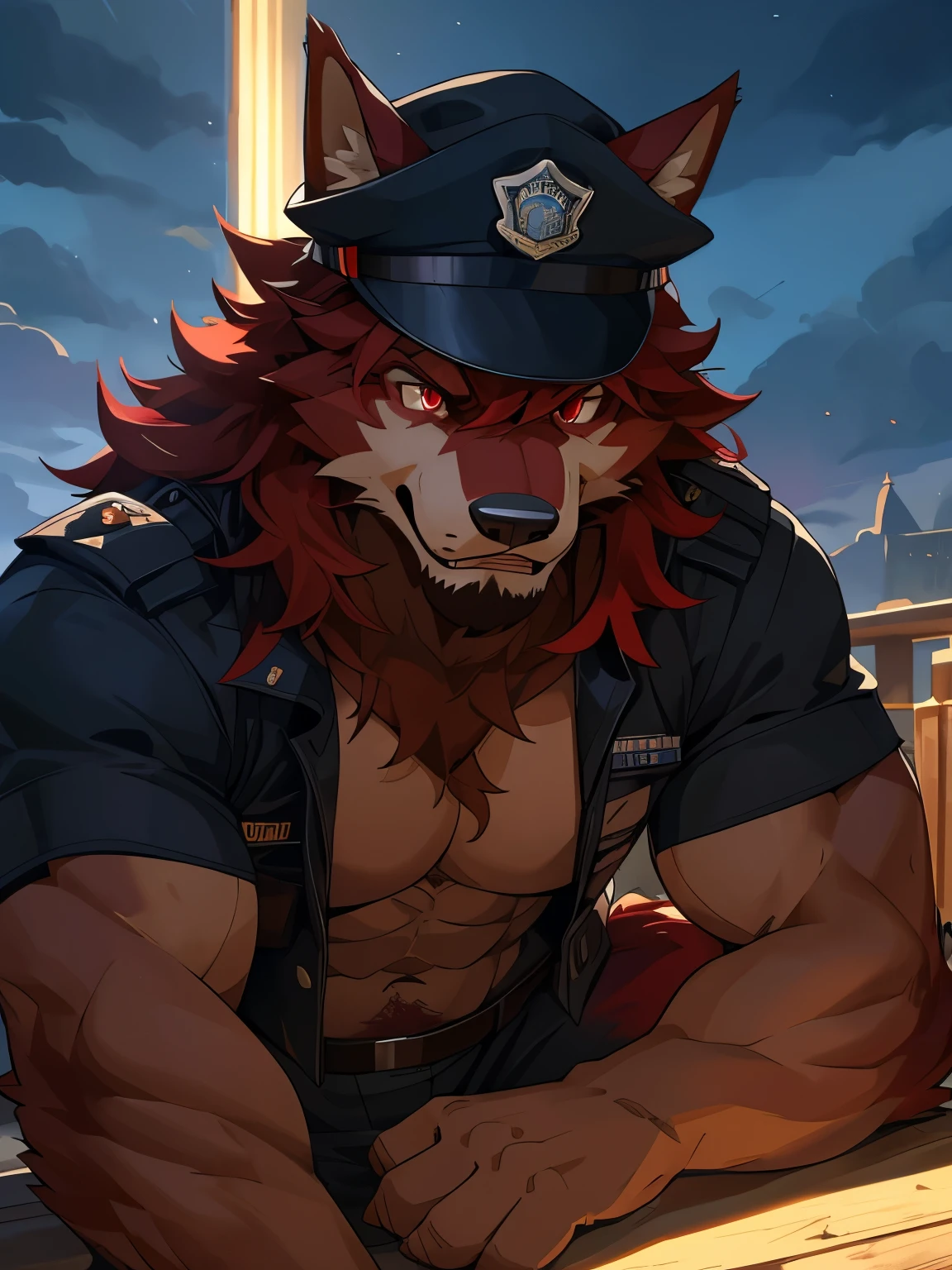 male, furry, wolf anthro, solo, red fur, red eyes, (Realistic eye details 1.2), hat on head, policewear, bare bottom, abs, Masterpiece, dramatic lighting, soft lighting, day, highly detail, Hair coiled, glare