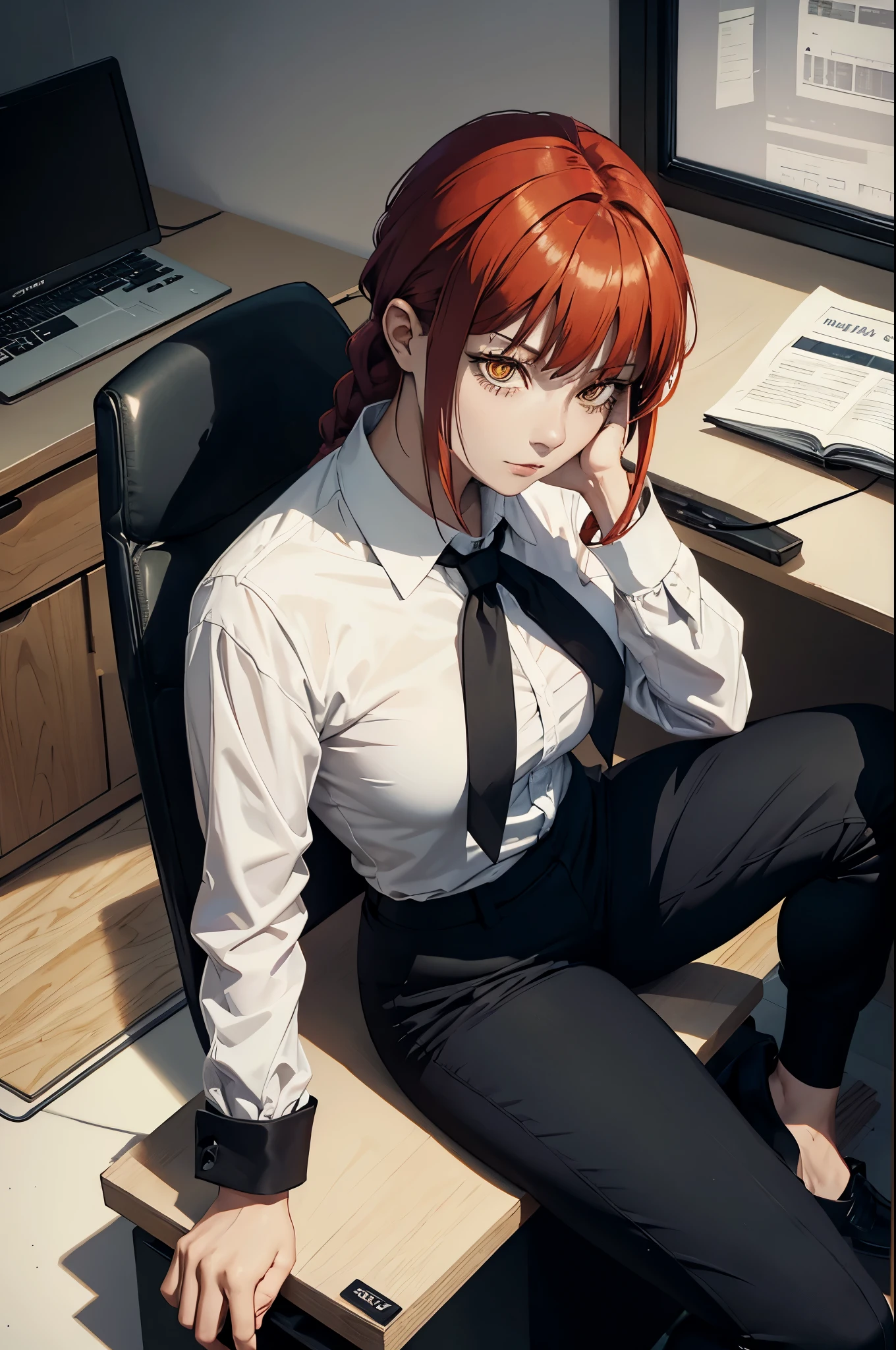 makima from chainsawman, wearing her iconic white long sleeve, black tie, wearing black dark business pants, hair braided, sitting, office setting, looking at camera 