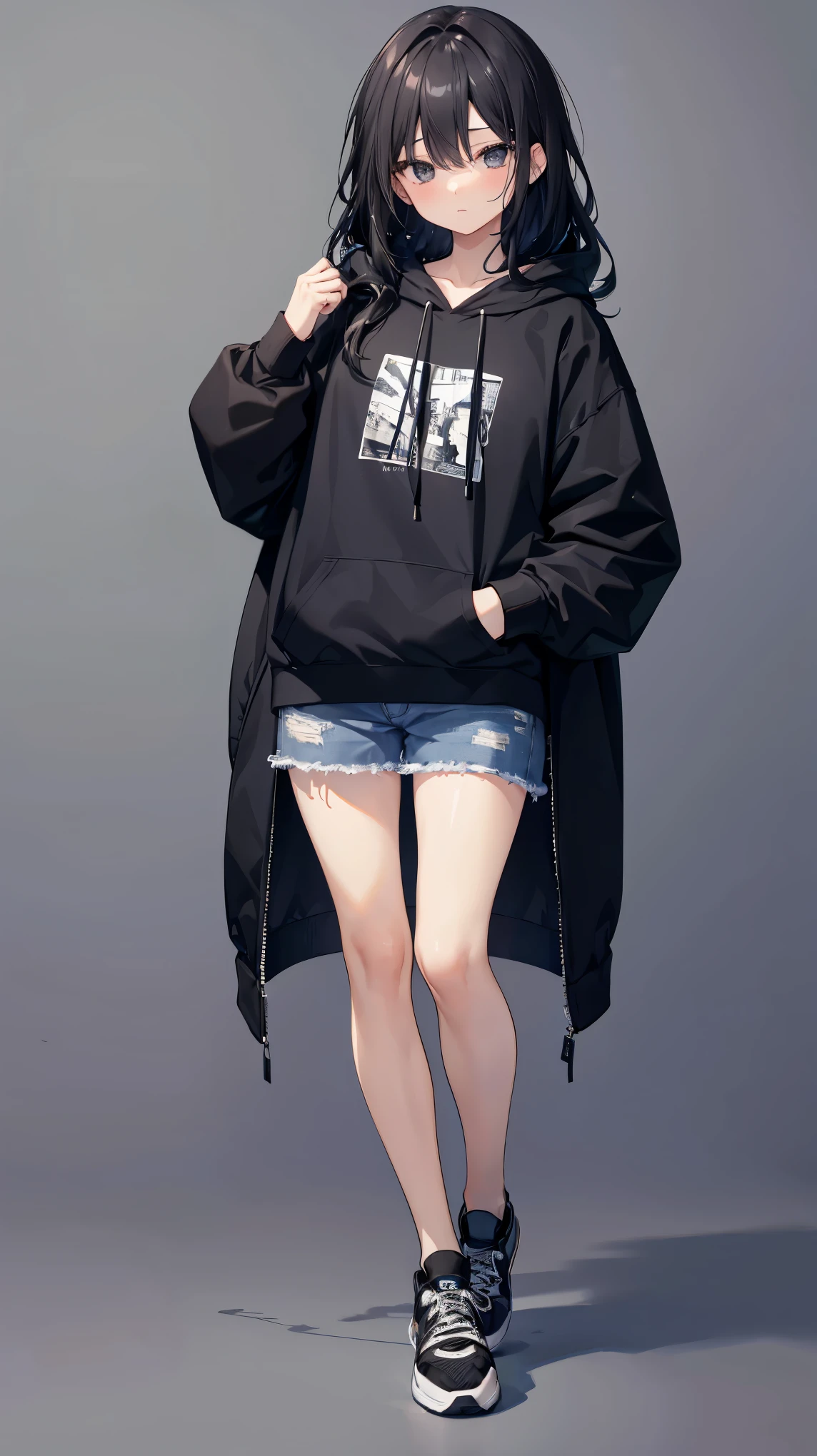 1 girl、highest quality、masterpiece、4K、Highest image quality、whole body、slightly wavy hair、waist-length black hair、black eyes、black sneakers、simple black hoodie、Simple jeans、put one's hand in one's pocket、dark look、gray background