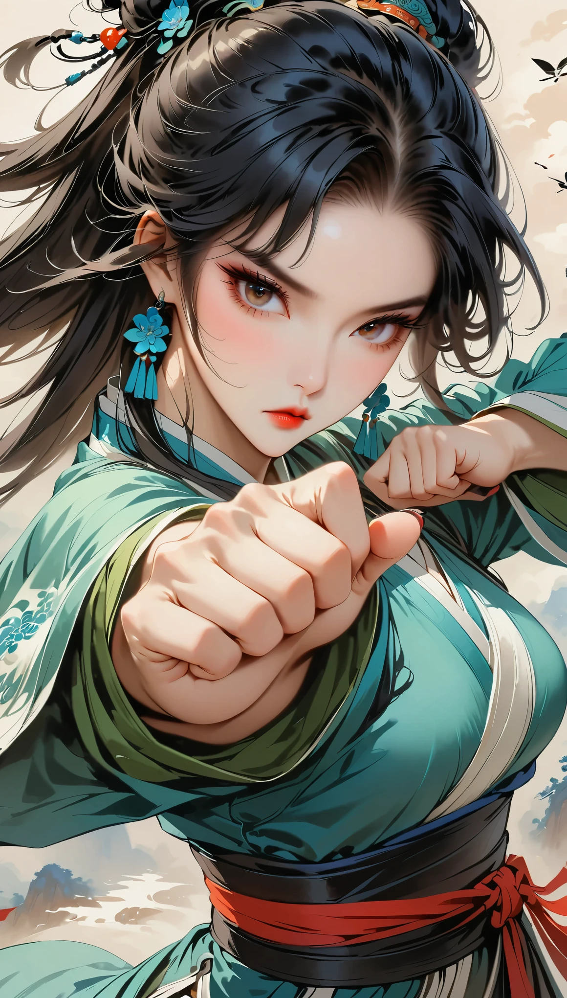 (masterpiece, best quality:1.2),martial arts风格，Chinese comics，martial arts，attack action，Gaze at the viewer，1 girl，black hanfu，red waistband，flowing skirt，tiger，ink：1.37