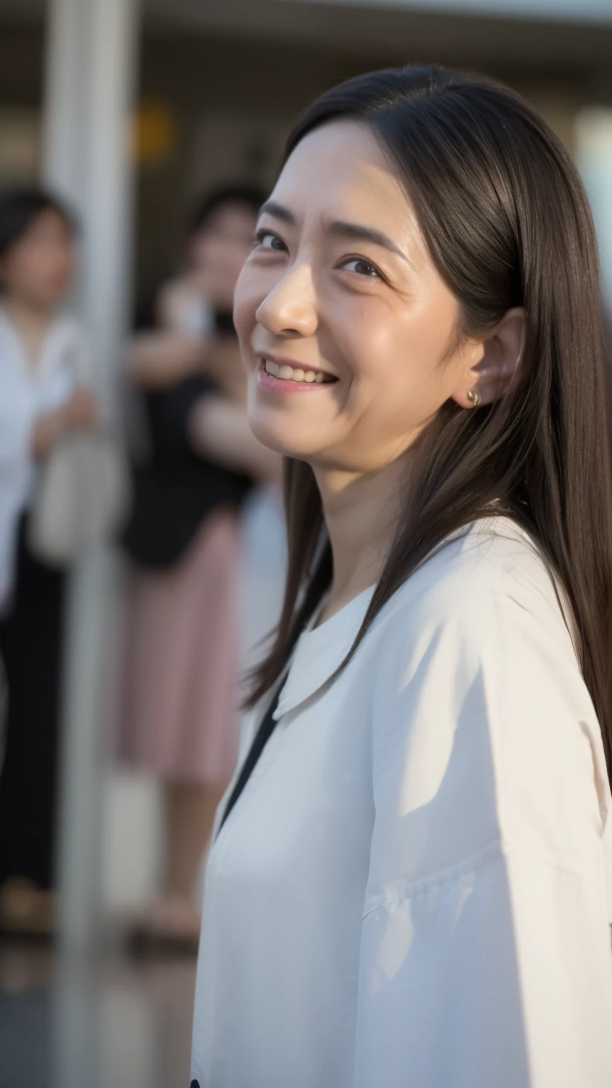 NSFW, ((highest quality)), ((8K)), ((masterpiece:1.3)), (perfect appearance), (photorealism:1.2), ((A woman standing in the middle of the city)), japanese woman, (47 years old), married woman, ((High quality skin texture 1.6)), (Age-appropriate skin roughness:1.6), (dull skin:1.2), moisturized skin, (wrinkles on the face:1.2), (Wrinkles at the corners of the eyes:1.2), double eyelids, Tear bag on lower eyelid, (Crying Kuroko:1.27), long hair, (ウェーブしたlong hair), (Hair hanging over the ears), Thin blouse with wide neckline, flare long skirt, smiling kindly, (Stand with your legs shoulder-width apart), high heels, ((whole body)), (standing position),  visible, (super low angle:1.5), (Angle from directly below:1.4),