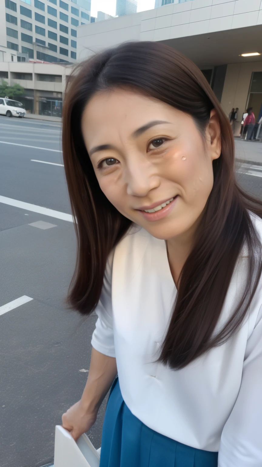 NSFW, ((highest quality)), ((8K)), ((masterpiece:1.3)), (perfect appearance), (photorealism:1.2), ((A woman standing in the middle of the city)), japanese woman, (47 years old), married woman, ((High quality skin texture 1.6)), (Age-appropriate skin roughness:1.6), (dull skin:1.2), moisturized skin, (wrinkles on the face:1.2), (Wrinkles at the corners of the eyes:1.2), double eyelids, Tear bag on lower eyelid, (Crying Kuroko:1.27), long hair, (ウェーブしたlong hair), (Hair hanging over the ears), Thin blouse with wide neckline, flare long skirt, smiling kindly, (Stand with your legs shoulder-width apart), high heels, ((whole body)), (standing position), vagina visible, (super low angle:1.5), (Angle from directly below:1.4),