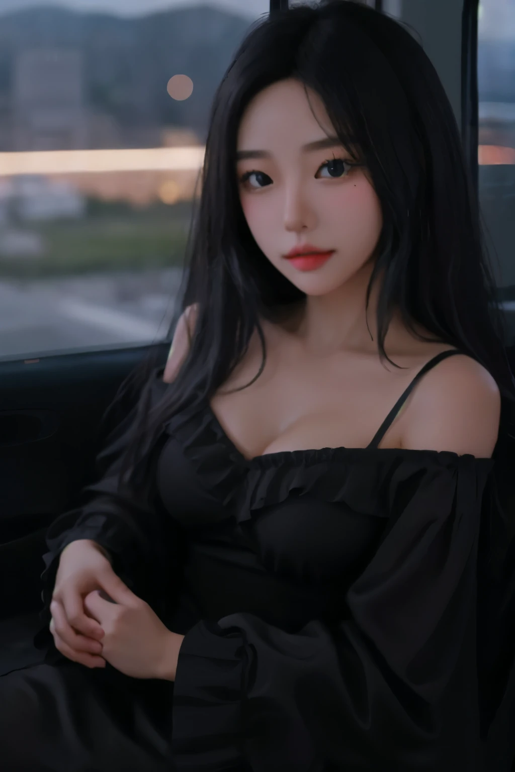 A beautiful young girl、Small face、Small face、cleavage of the breast、Off-the-shoulder dresses、Simple Dresses、Landless、Pitch Black Darkness、Inorganic、rim-light、Cinematic light、Ultra Wide Angle、