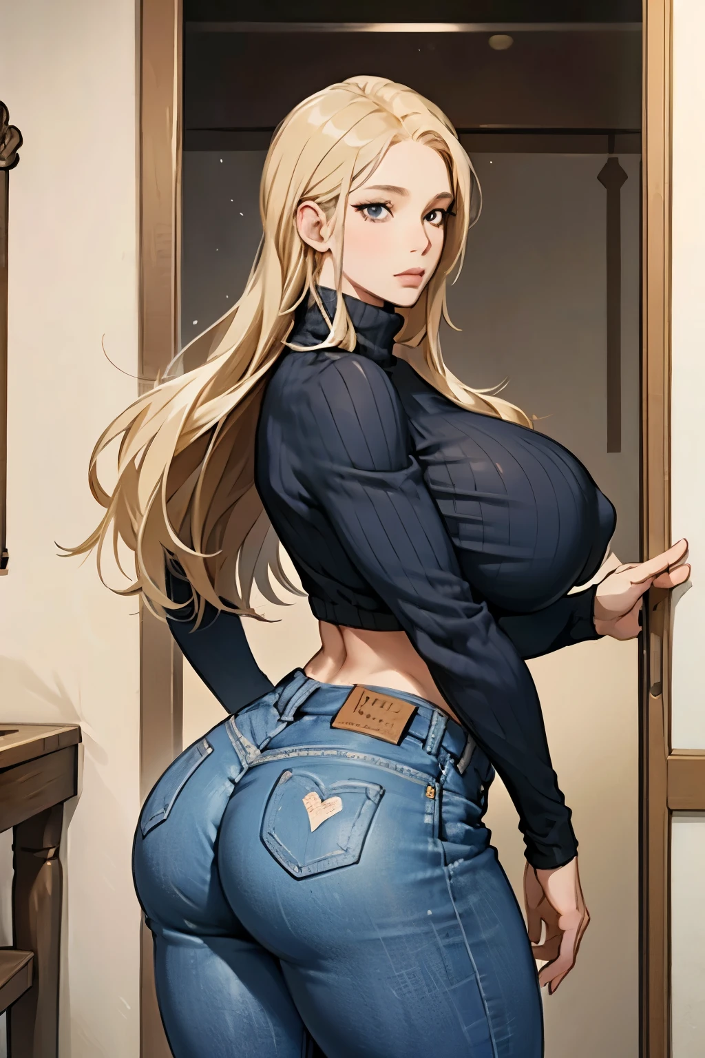 1girl, mature woman, middle , milf, blonde hair, beautiful face, huge breast, huge ass, wide hips, thick thighs, turtleneck, solo, jeans