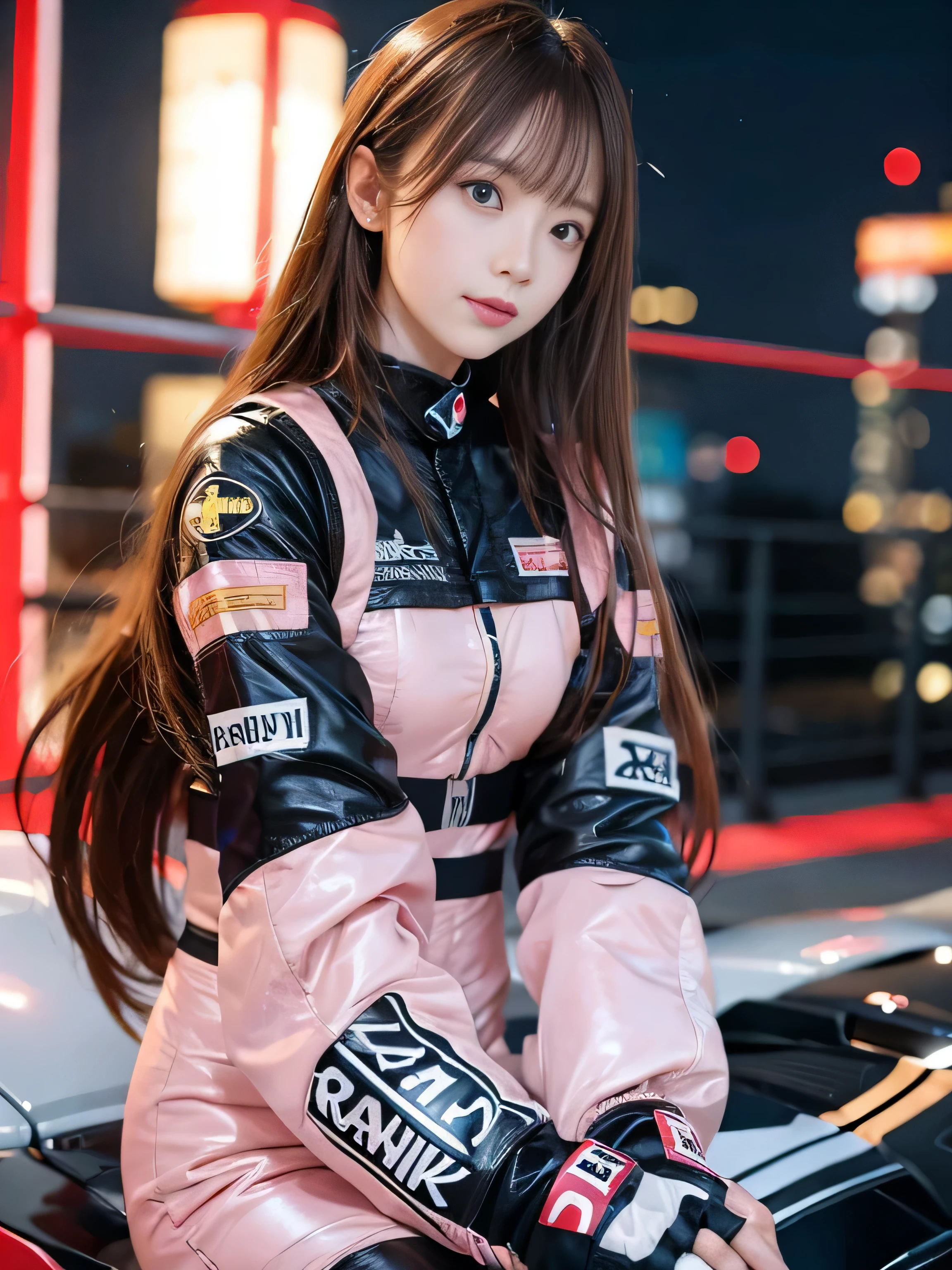 (((RAW image quality:1.4))), highest quality, ultra high resolution, (realistic: 1.4), (pink long hair: 1.3), (azur lane\), 1 girl, Japanese, 15 years old, (slender body:1.4), view audience, detailed face, contrasting, smooth skin, perfect anatomy, Suzuka Circuit, professional lighting, futuristic fashion, streetwear, tech fabric, racing suit, Refractory materials, elbow and knee pads, racing gloves, personalized embroidery, Race car in background,