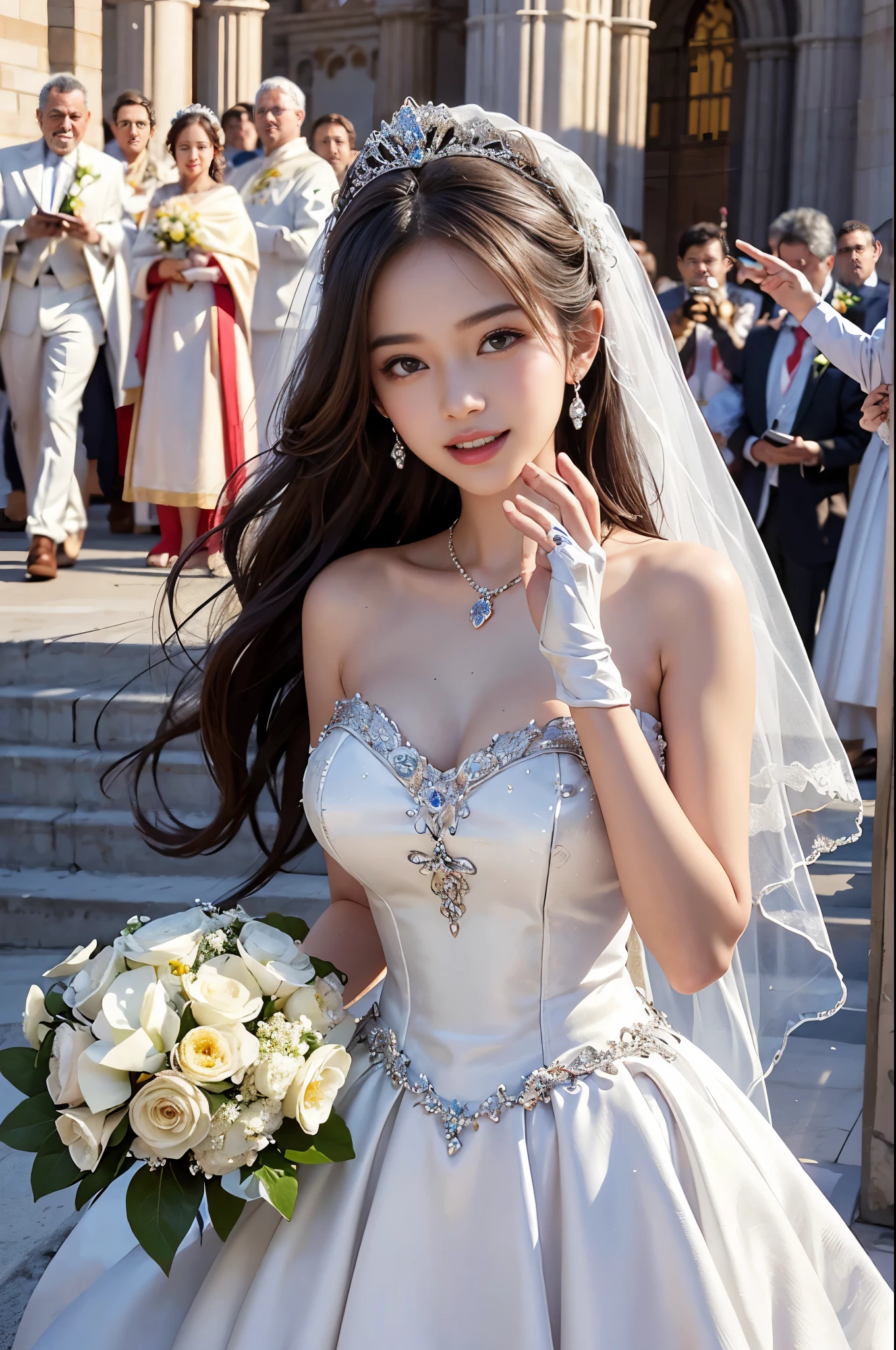 best quality, masterpiece, 1 girl, (huge laugh), , shiny lips, sweet, sun glare, Conservative attire, Beaded bell-line wedding dress, white gloves, bouquet, bridal tiara, depth of field, blurred background, Cathedral Background, light particles, strong wind, head tilt, long hair, 