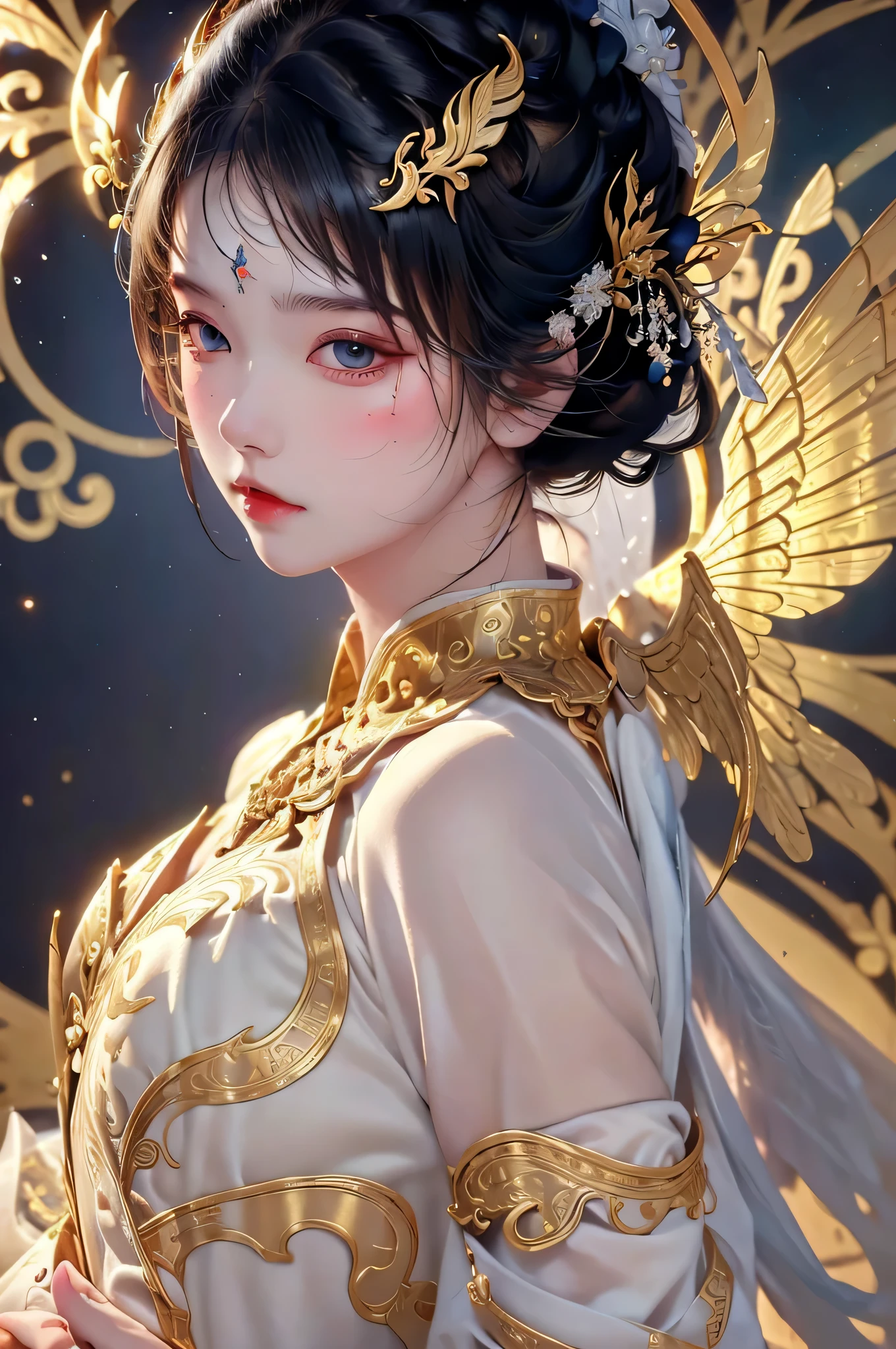 a stunning art, abstract, angelic, a goddess with black hair, white dress, gold details, dynamic pose, centered, key visual, intricate, highly detailed, breathtaking beauty, precise lineart, vibrant, comprehensive, cinematic, half body shot