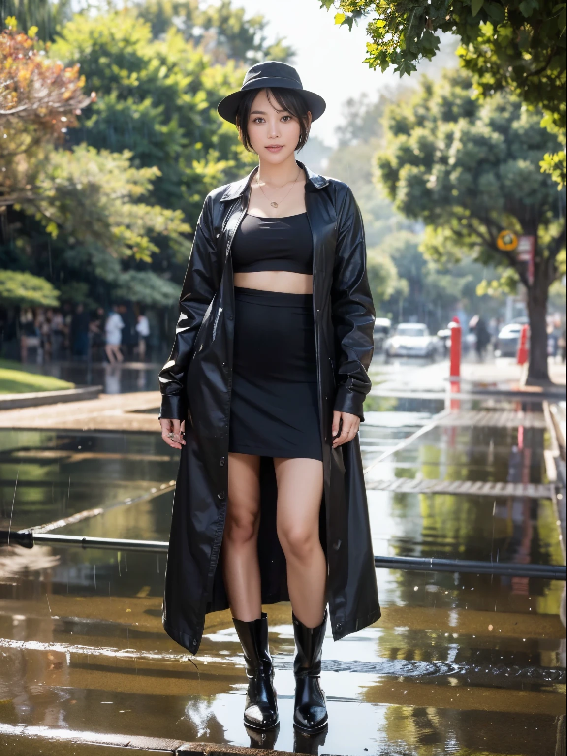(Raw photo:1.2), (realistic:1.4),beautiful detailed woman,非常にfine eyesと顔, fine eyes, Super detailed,High resolution, very detailed,highest quality,enlightenment,unified,8k wallpaper,masterpiece,highest quality,1 female,alone,rich,Full body Esbian,(standard body shape)、(D cup breasts:1.1),There'leg meat,slim waist,alone,(She wears her black raincoat with the front of it closed:1.6)、(black rainboots , rainhat:1.2 ),jewelry necklace short hair,gentle smile,dignified atmosphere,black eye,realistic,(california parks:1.4) , (morning:1.2)、(heavy rain:1.6)、(standing up:1.5)