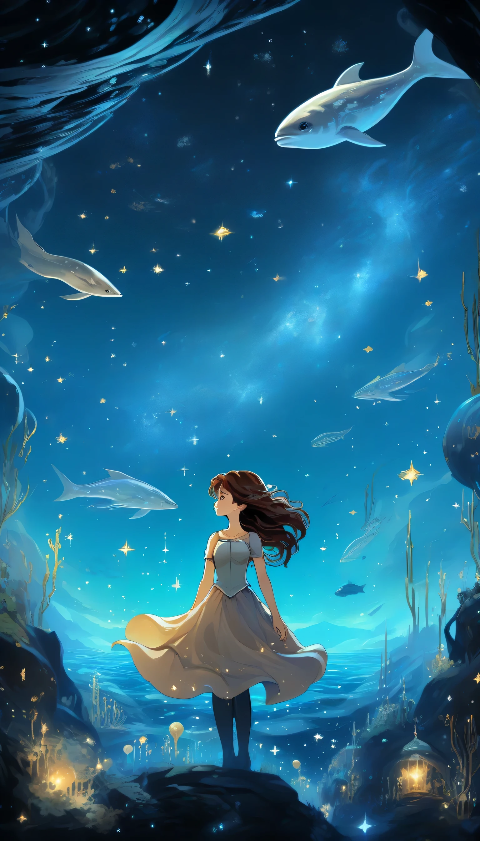 (1girl:1.3),arien_faitytale,fantastic world,undersea starry sky,