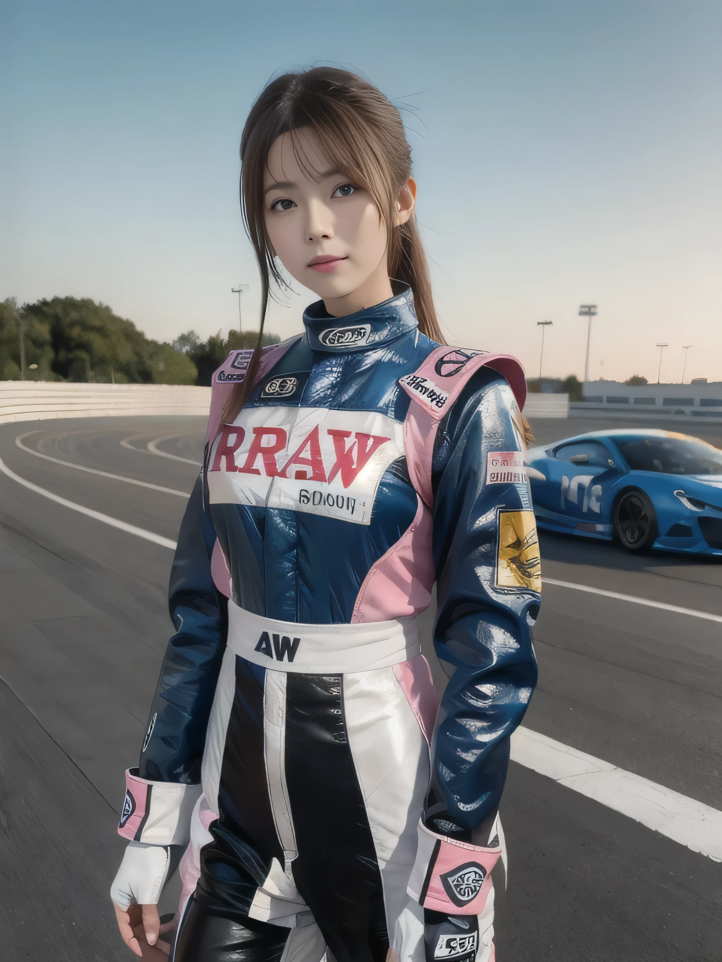 (((RAW image quality:1.4))), highest quality, ultra high resolution, (realistic: 1.4), (pink long hair: 1.3), (azur lane\), 1 girl, Japanese, 15 years old, (slender body:1.4), view audience, detailed face, contrasting, smooth skin, perfect anatomy, Suzuka Circuit, blue sky, futuristic fashion, streetwear, tech fabric, racing suit, Refractory materials, elbow and knee pads, racing gloves, personalized embroidery, Race car in background, strong sunlight, midsummer daytime, clear blue sky,