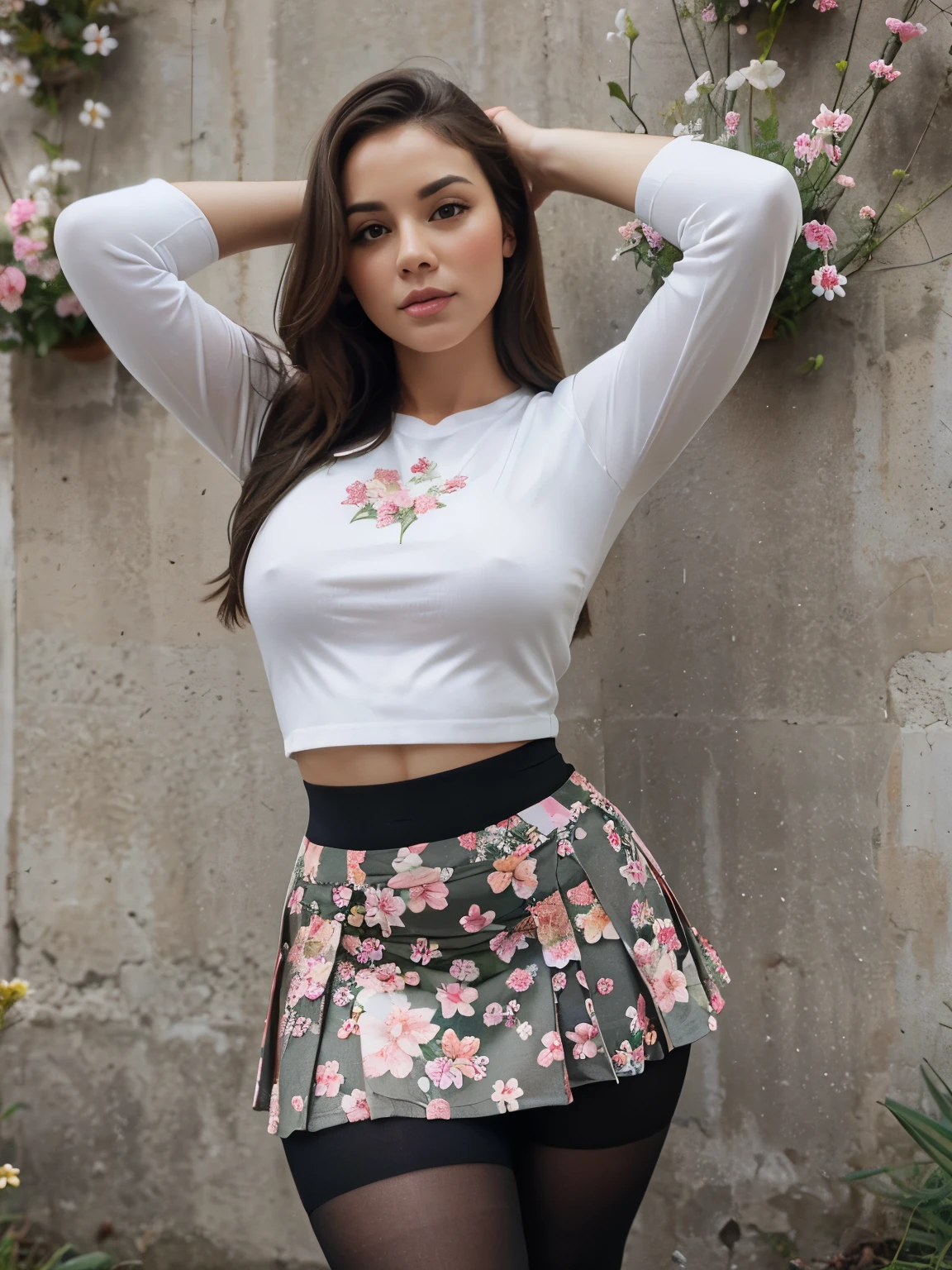 Thick brunette, body , flowers, details, spring , skirt, tights