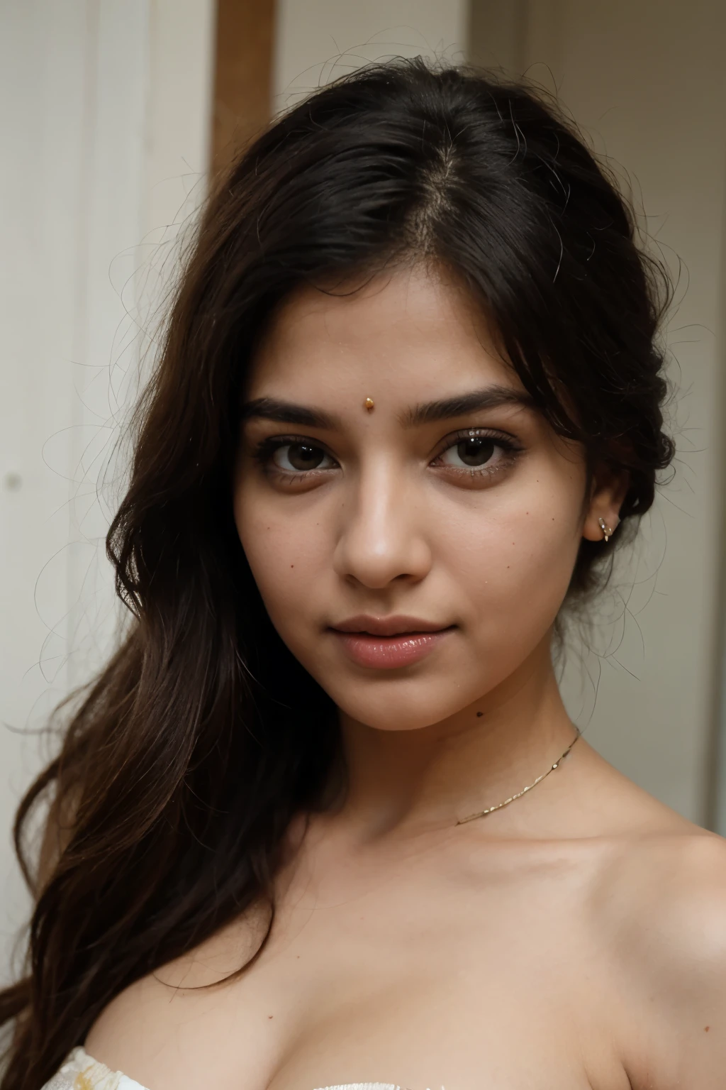 18 year old Pakistani Woman, nude, full frontal view, topless, small breasts, beautiful face, gray green eyes, ivory skin, wet skin, shaved pussy,